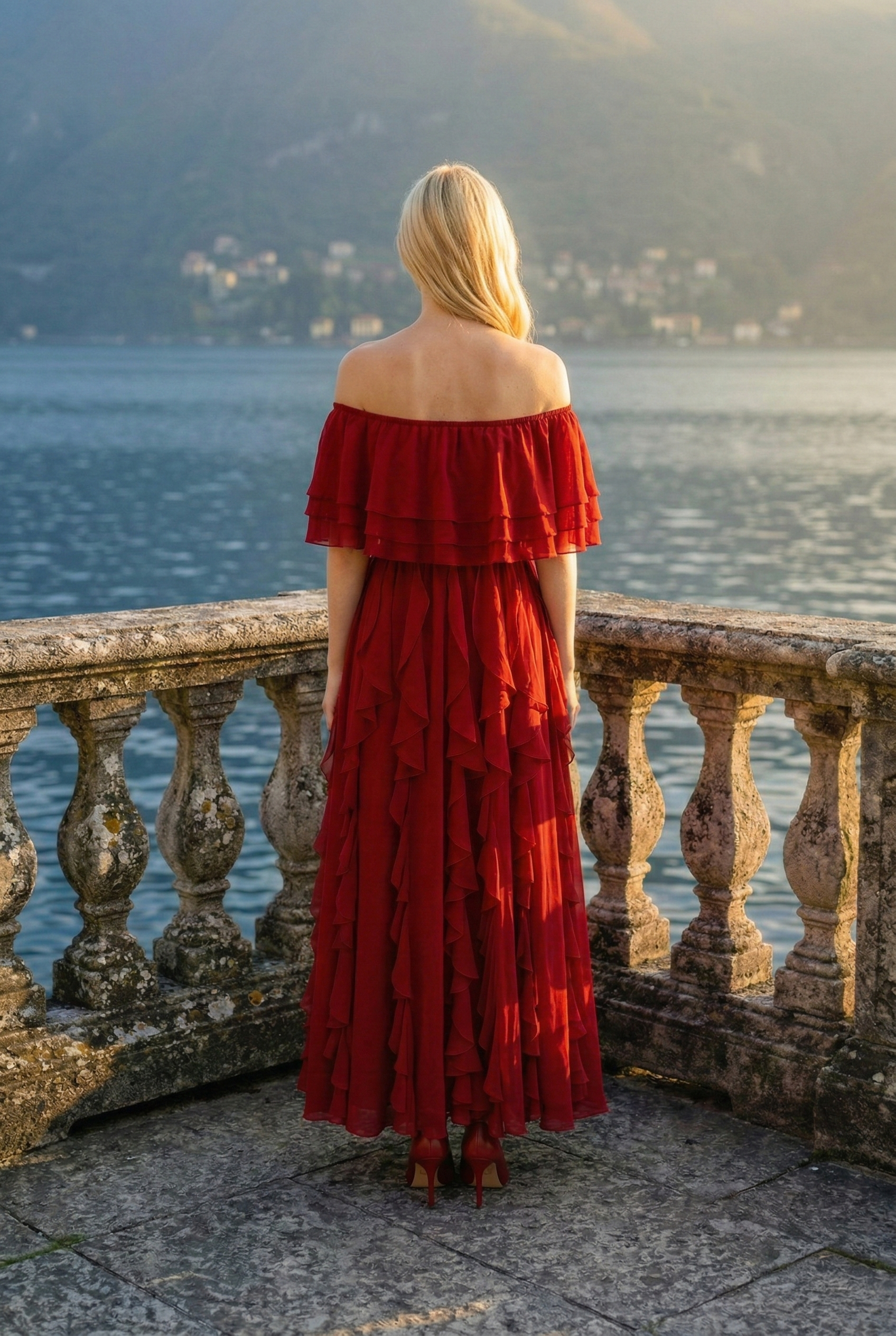 Limsa Club Seraphine Off-Shoulder Evening Gown in Red — detail view