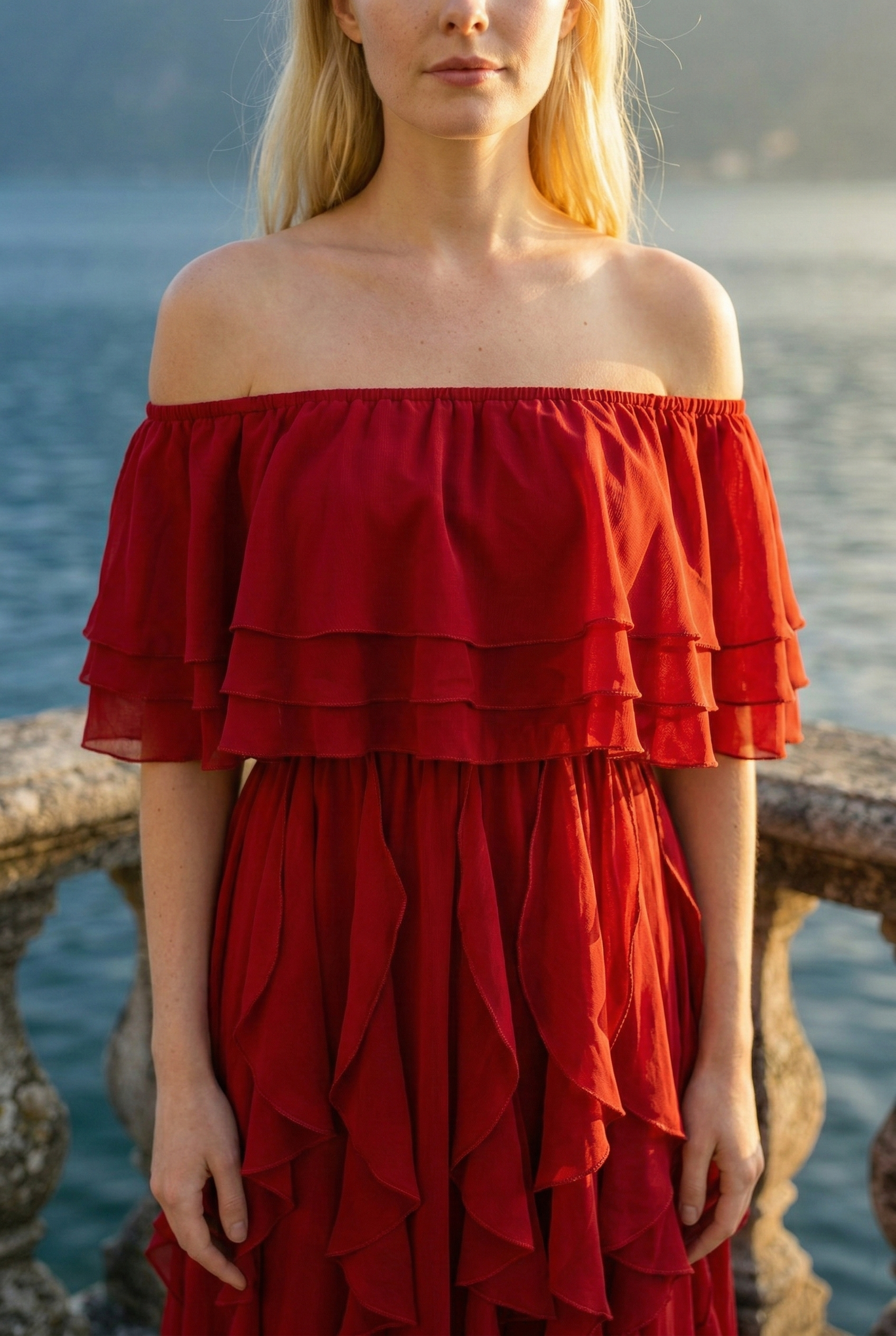 Limsa Club Seraphine Off-Shoulder Evening Gown in Red — full-length view