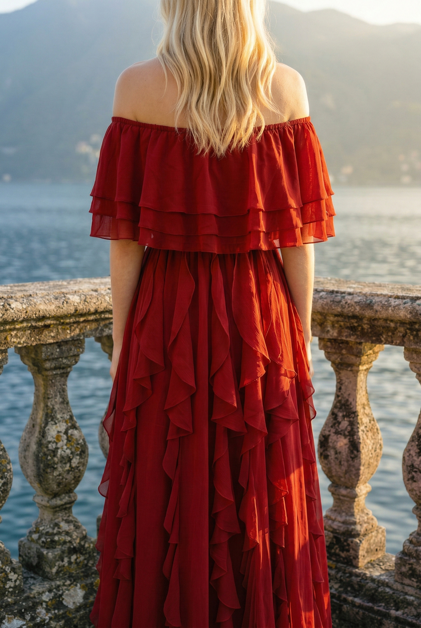 Limsa Club Seraphine Off-Shoulder Evening Gown in Red — close-up detail