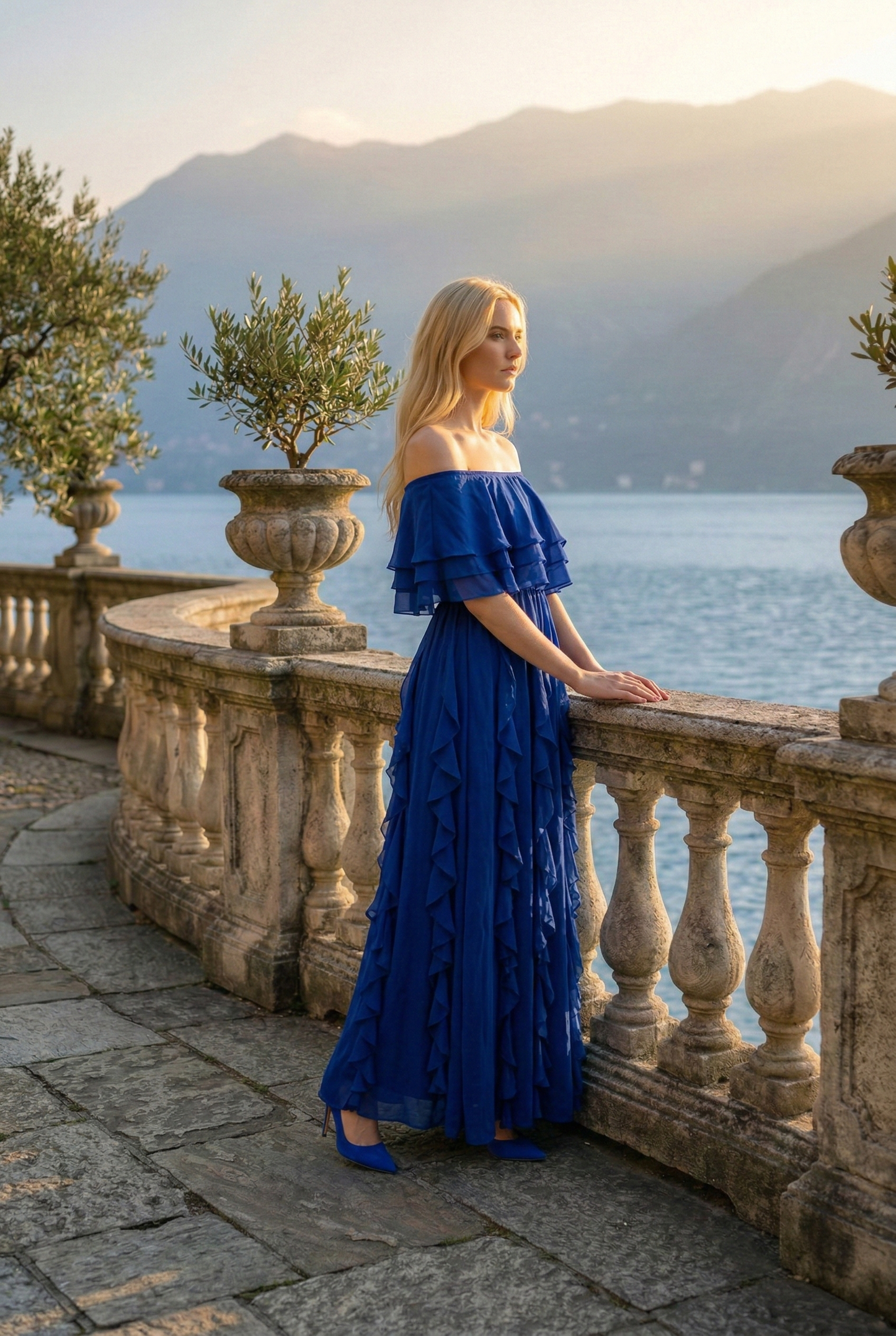 Limsa Club Seraphine Off-Shoulder Evening Gown in Sax Blue — side view