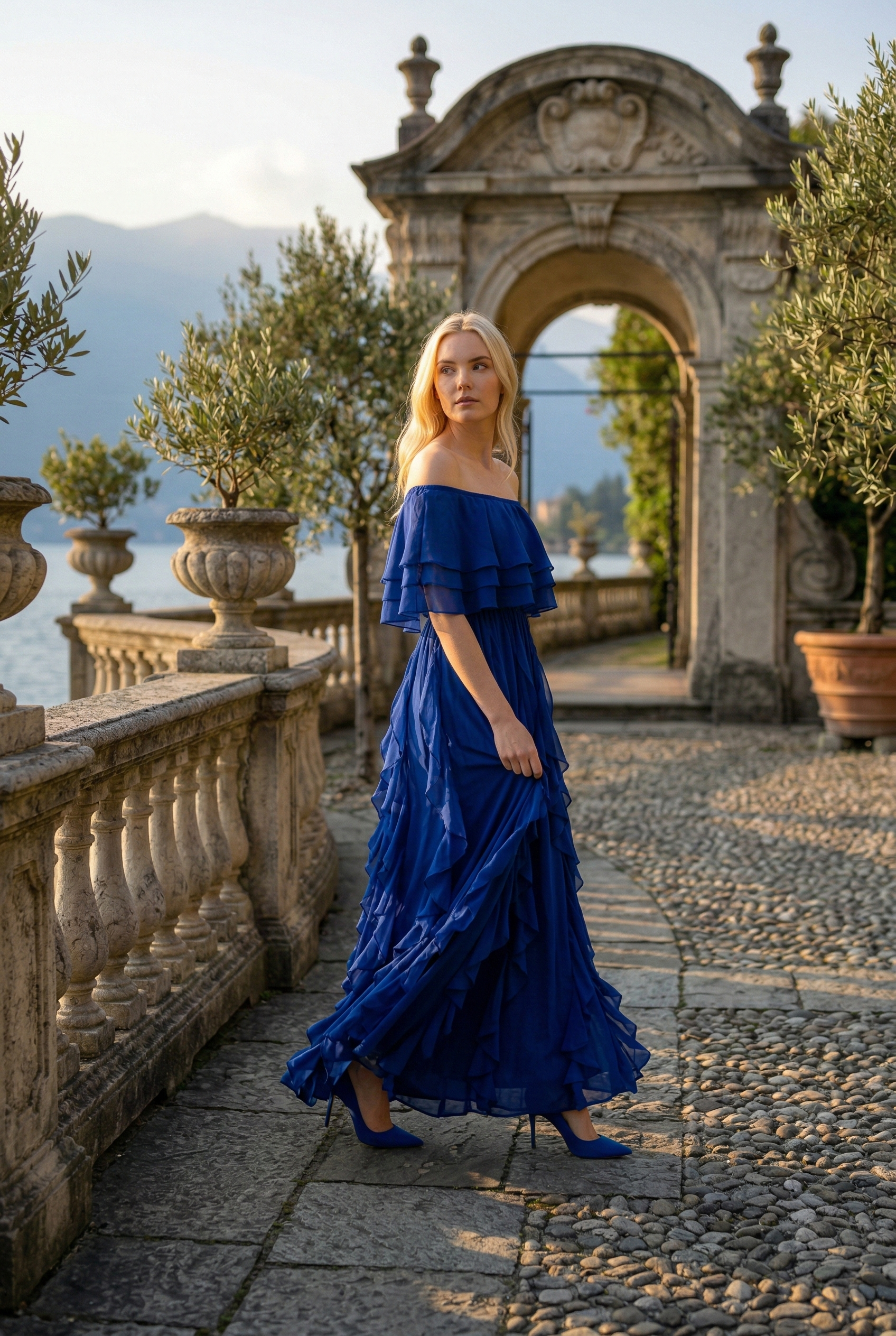Limsa Club Seraphine Off-Shoulder Evening Gown in Sax Blue — back view