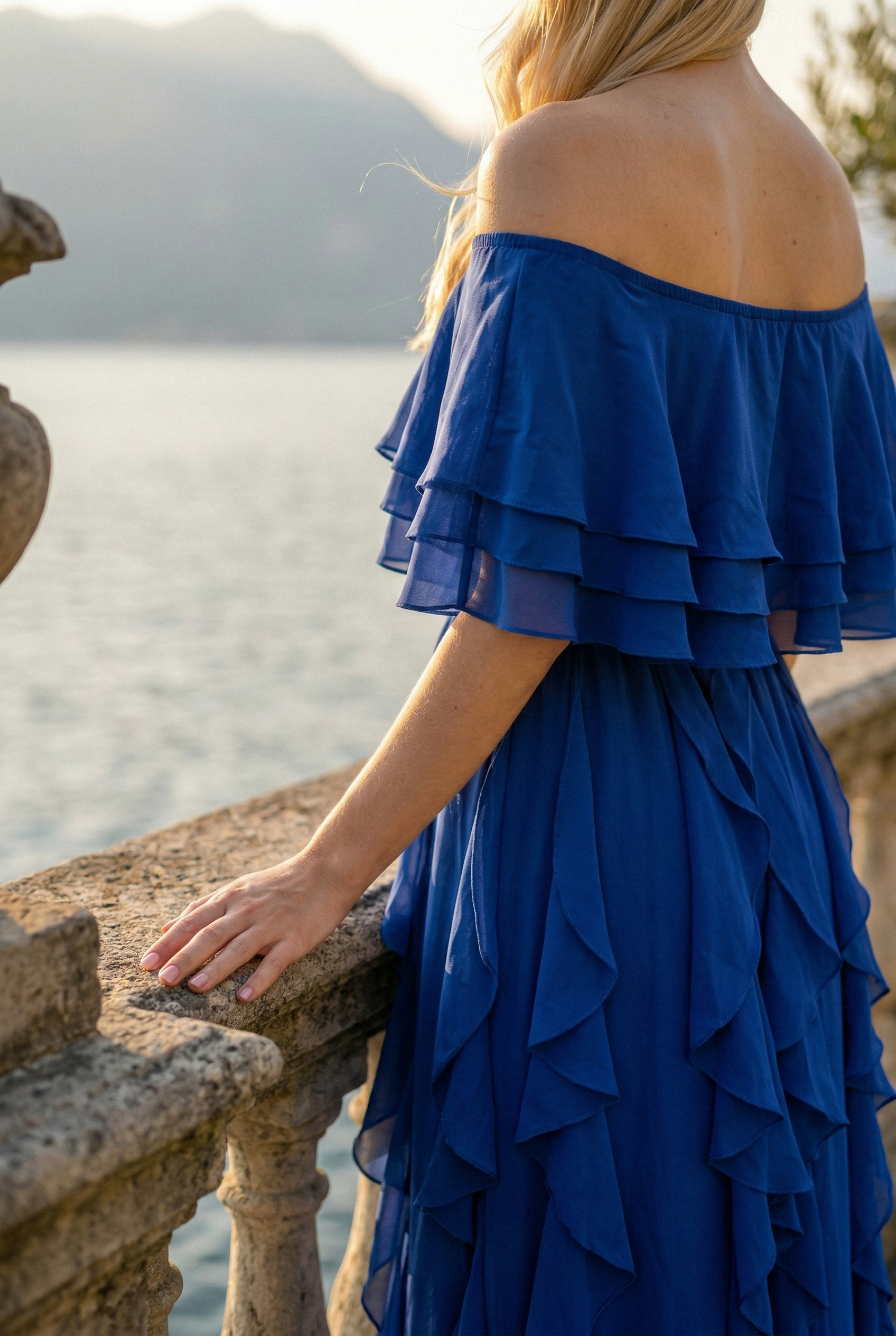 Limsa Club Seraphine Off-Shoulder Evening Gown in Sax Blue — close-up detail