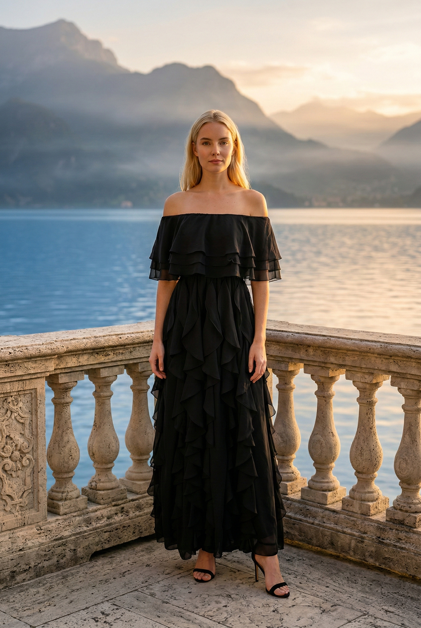 Limsa Club Seraphine Off-Shoulder Evening Gown in Black — front view