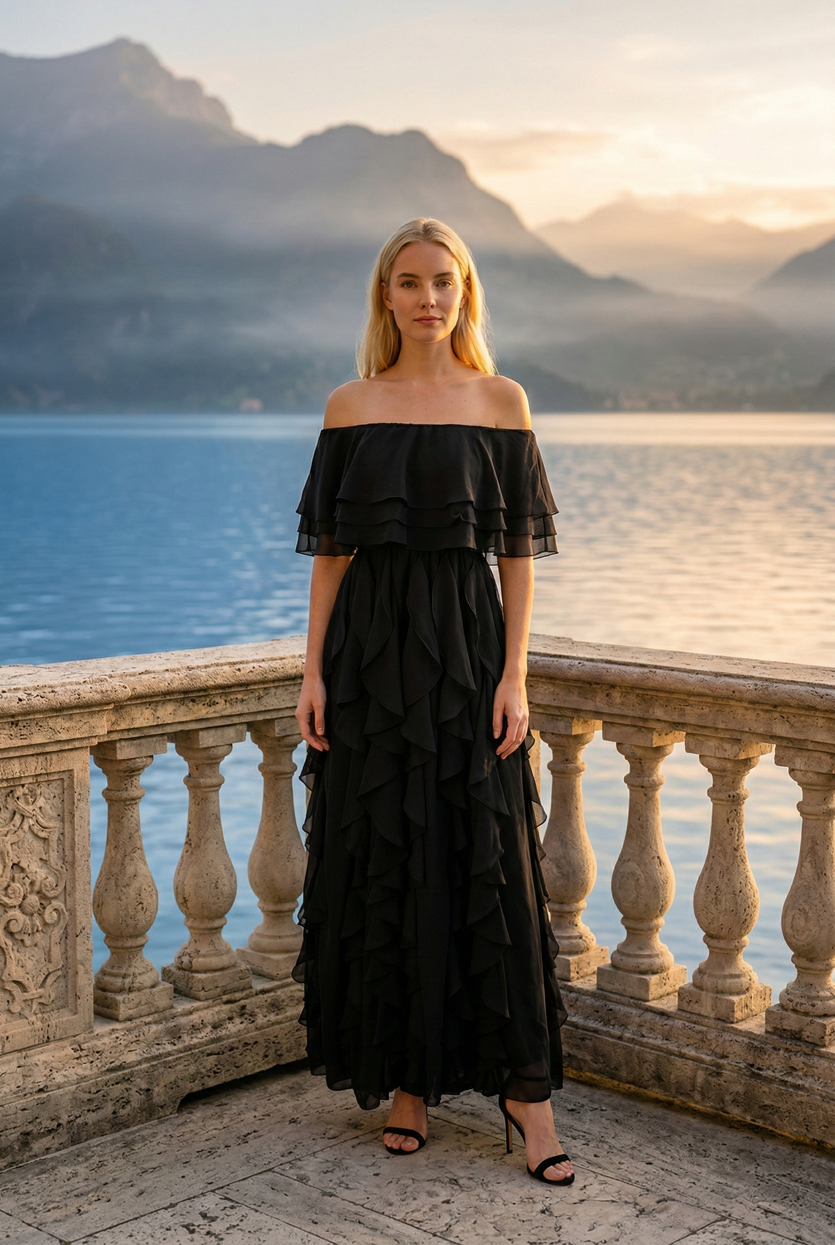 Limsa Club Seraphine Off-Shoulder Evening Gown in Black — front view