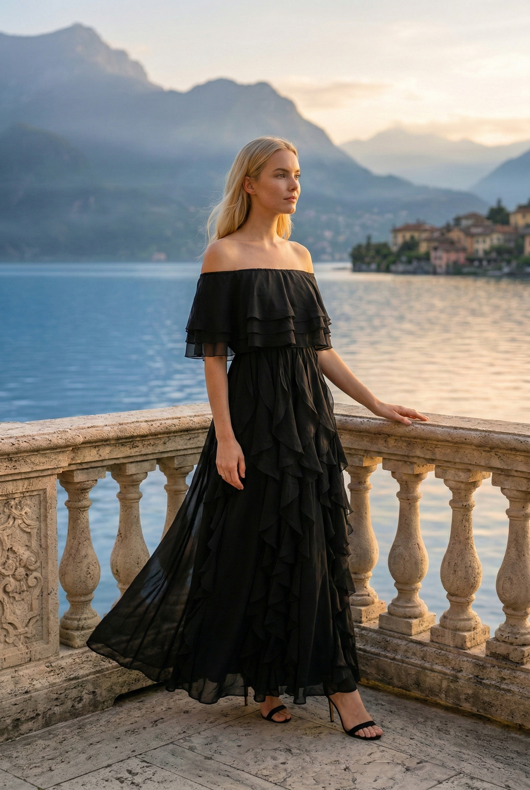 Limsa Club Seraphine Off-Shoulder Evening Gown in Black — side view