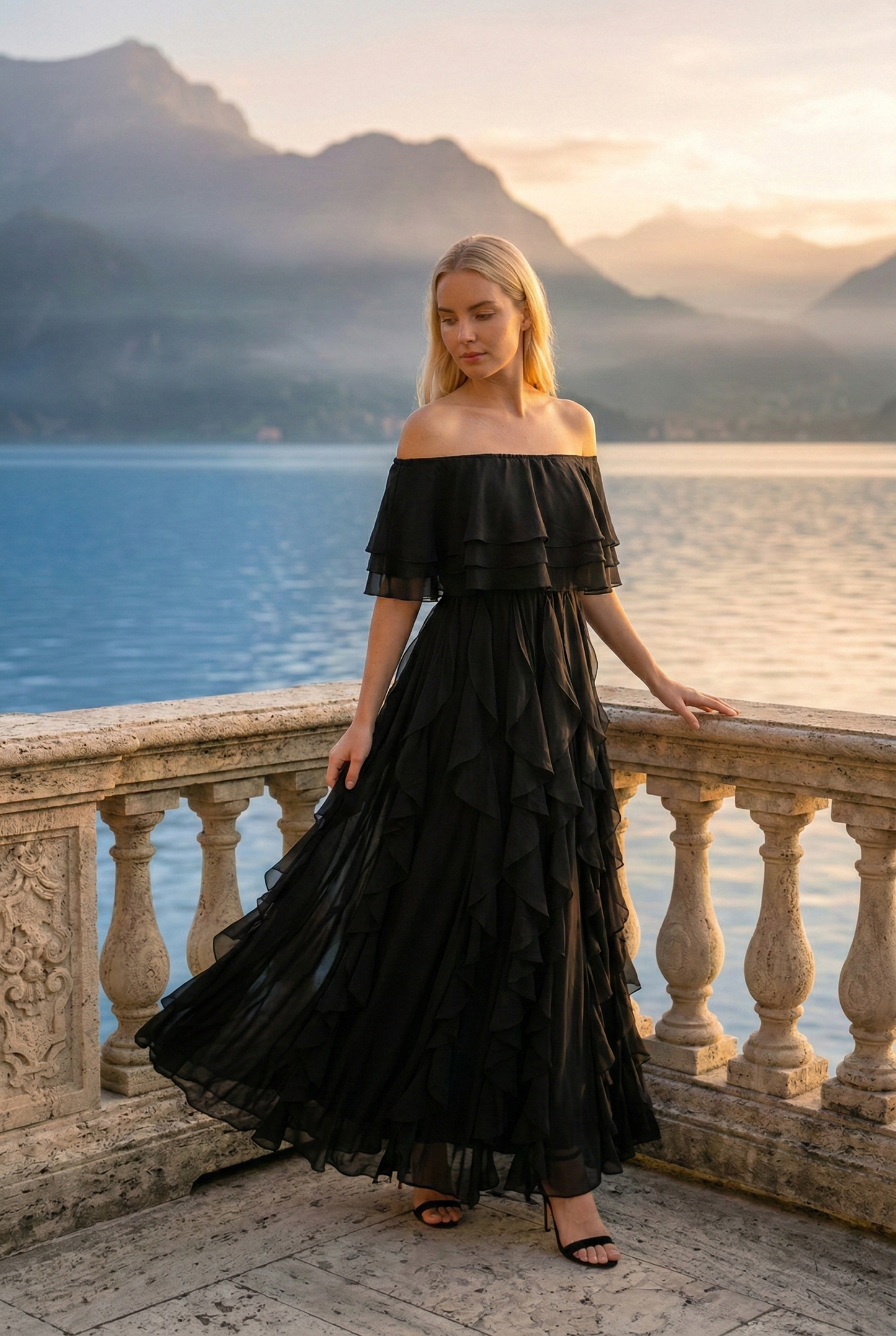Limsa Club Seraphine Off-Shoulder Evening Gown in Black — back view