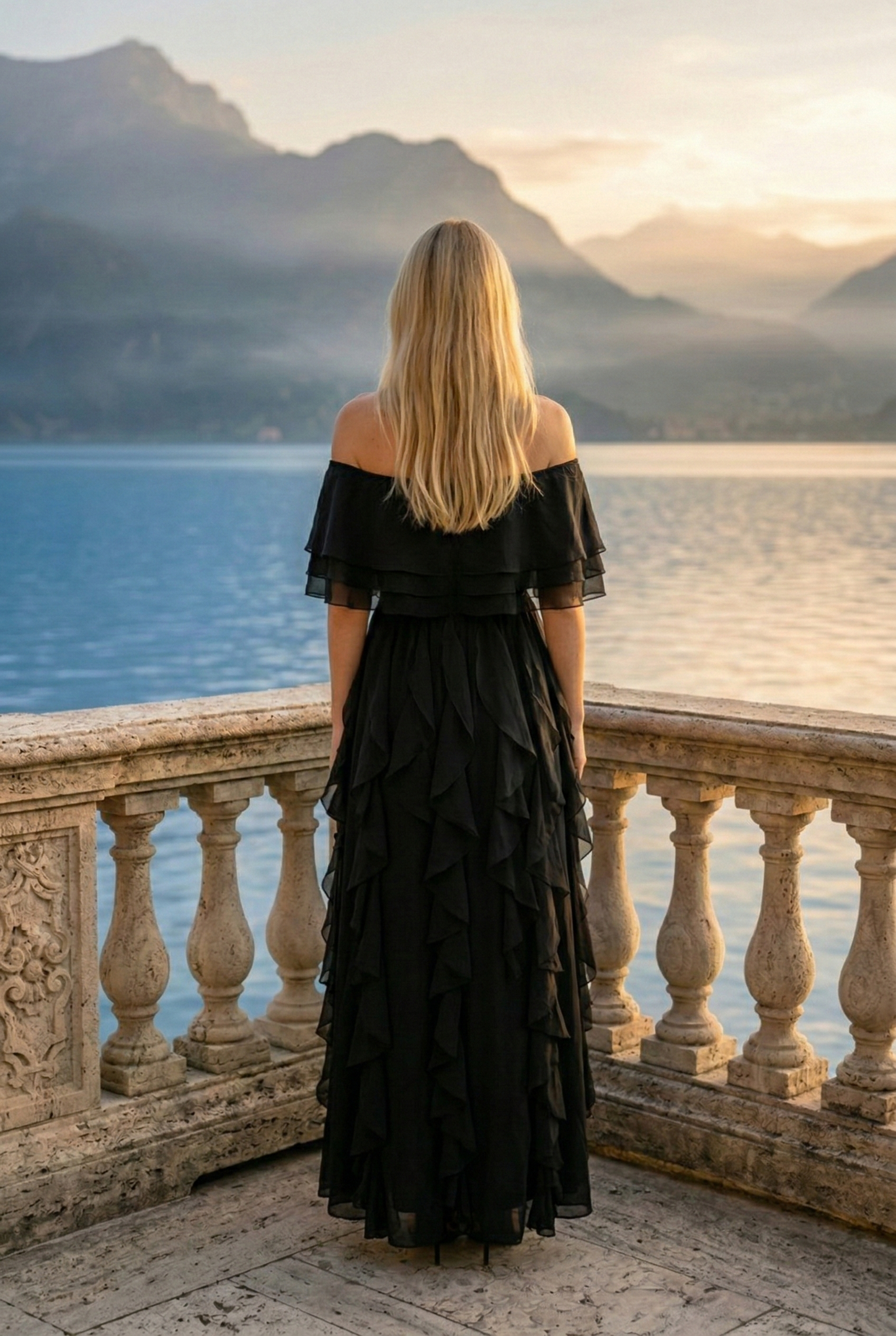 Limsa Club Seraphine Off-Shoulder Evening Gown in Black — detail view