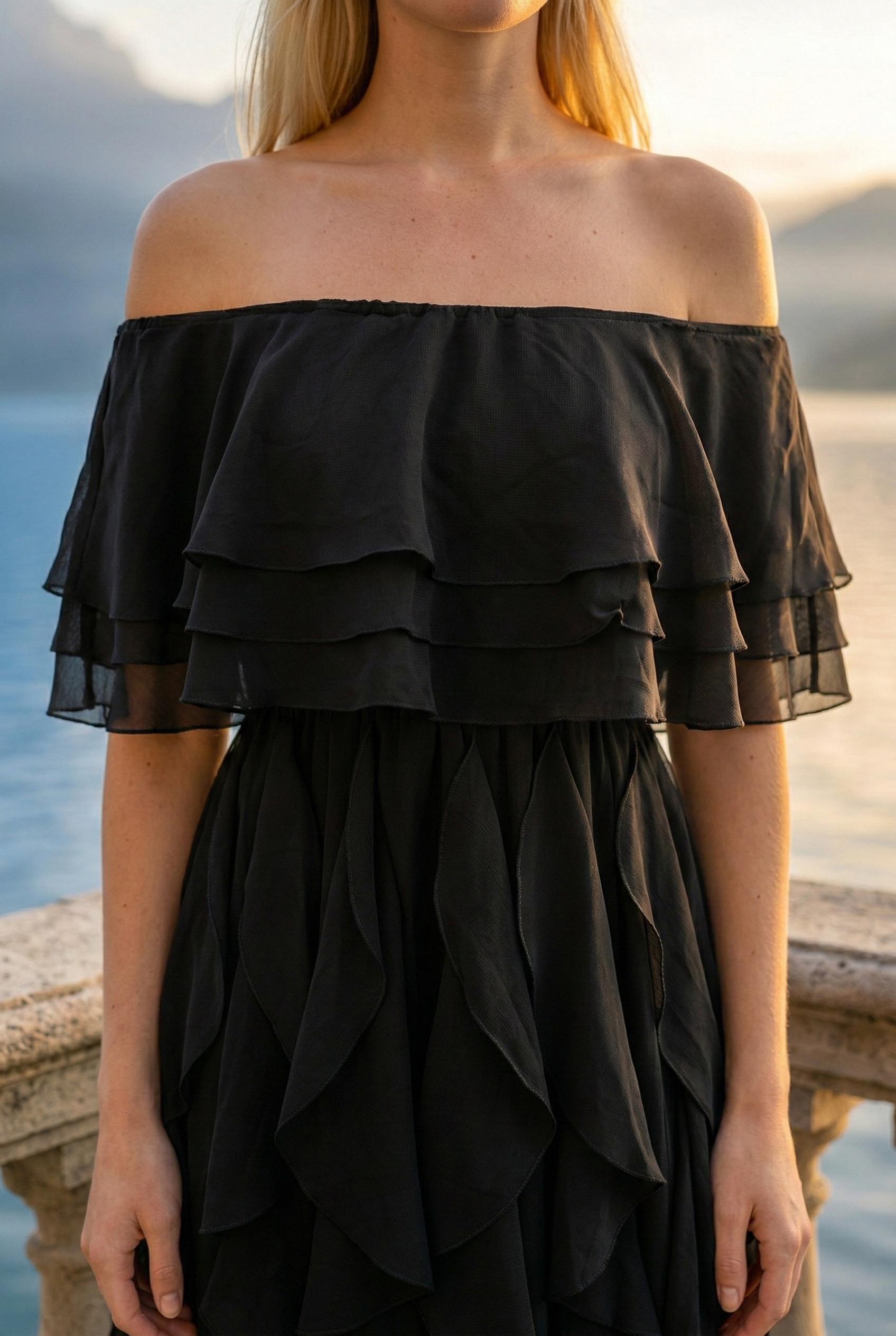 Limsa Club Seraphine Off-Shoulder Evening Gown in Black — full-length view