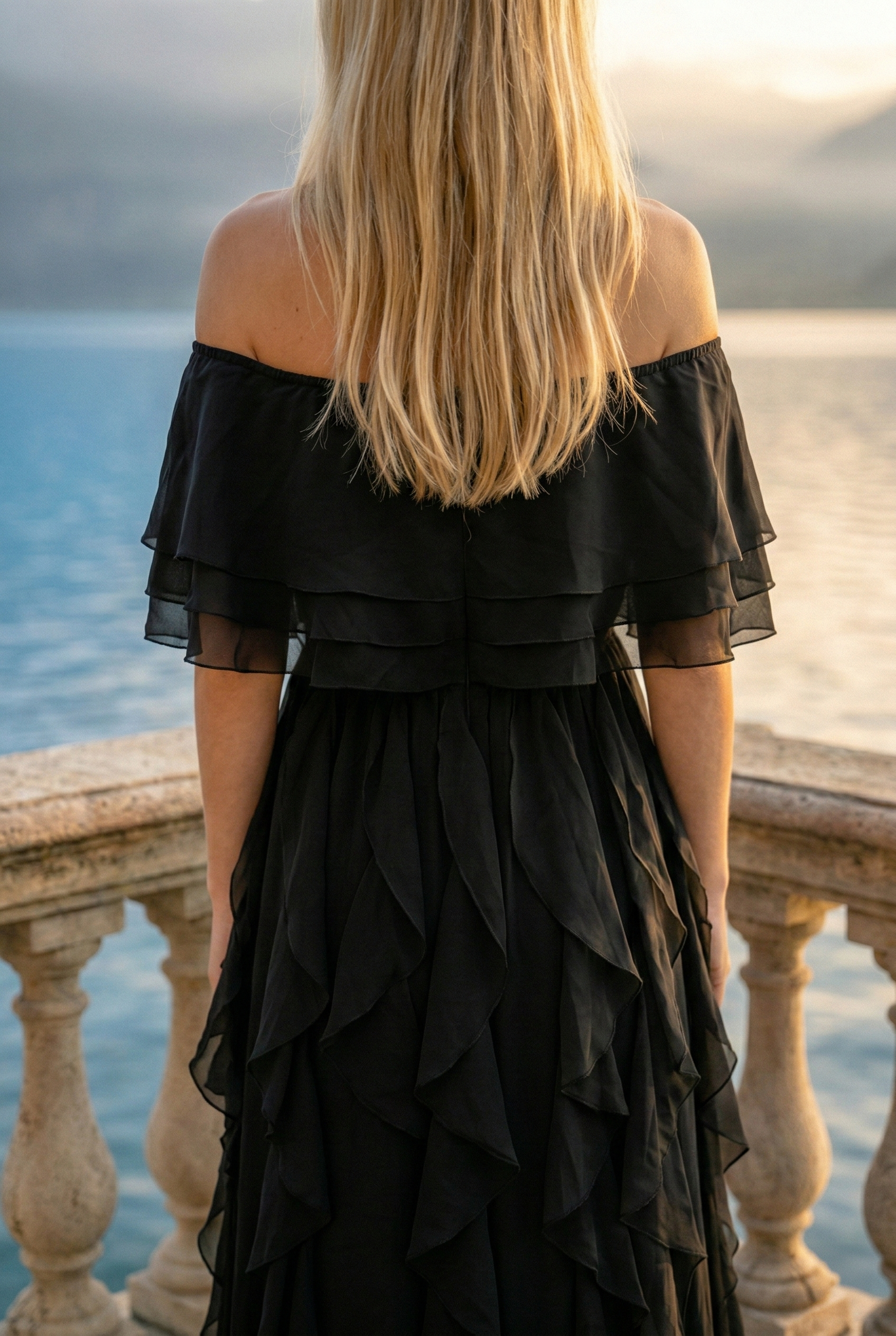Limsa Club Seraphine Off-Shoulder Evening Gown in Black — close-up detail