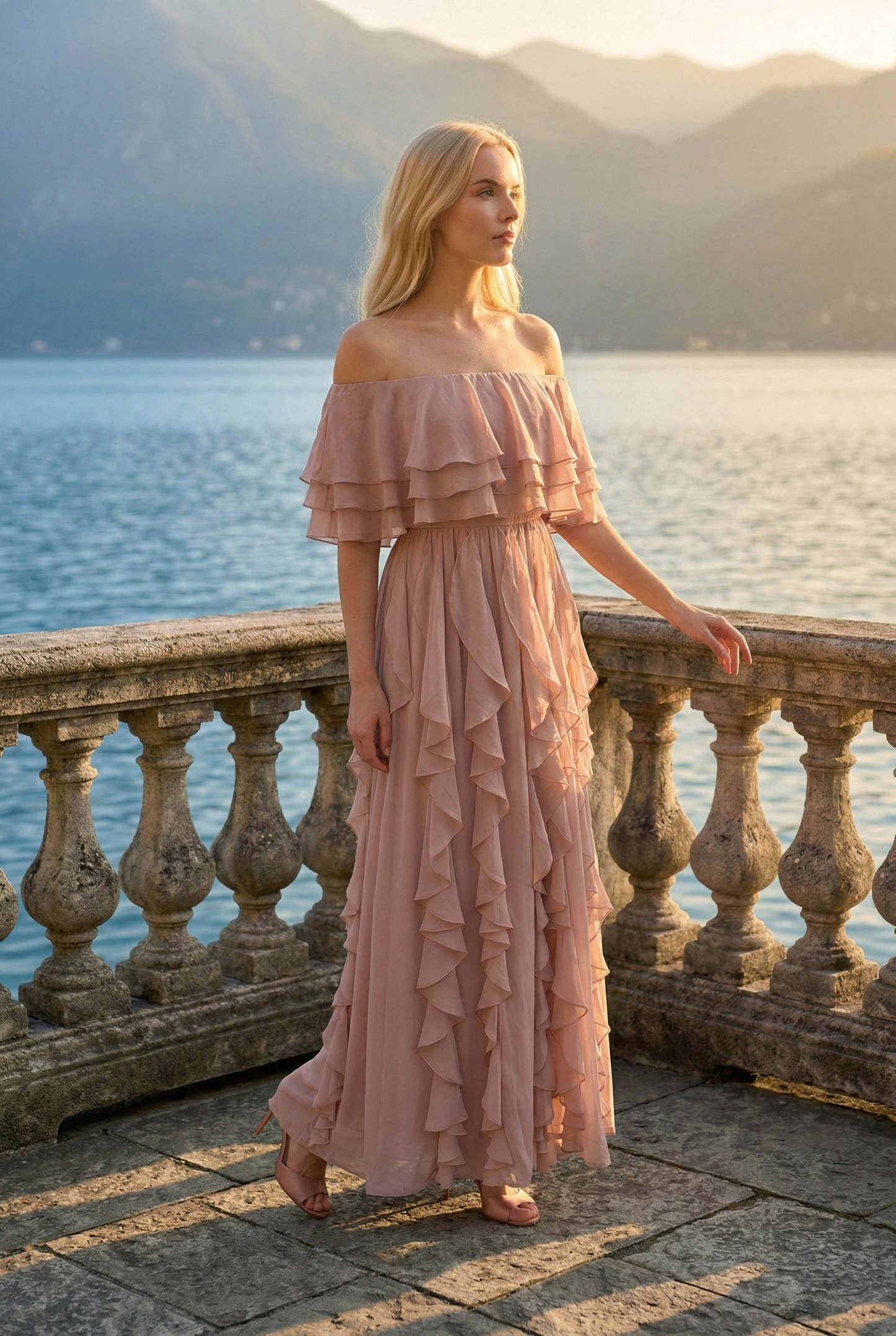 Limsa Club Seraphine Off-Shoulder Evening Gown in Mink — back view