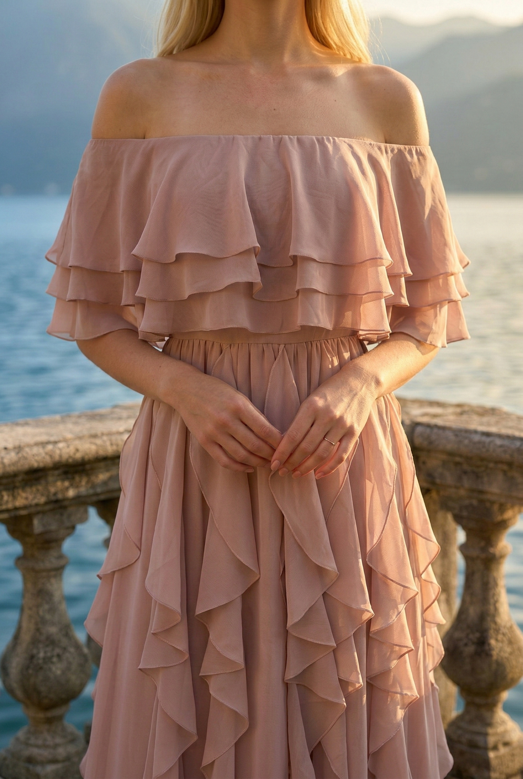 Limsa Club Seraphine Off-Shoulder Evening Gown in Mink — full-length view