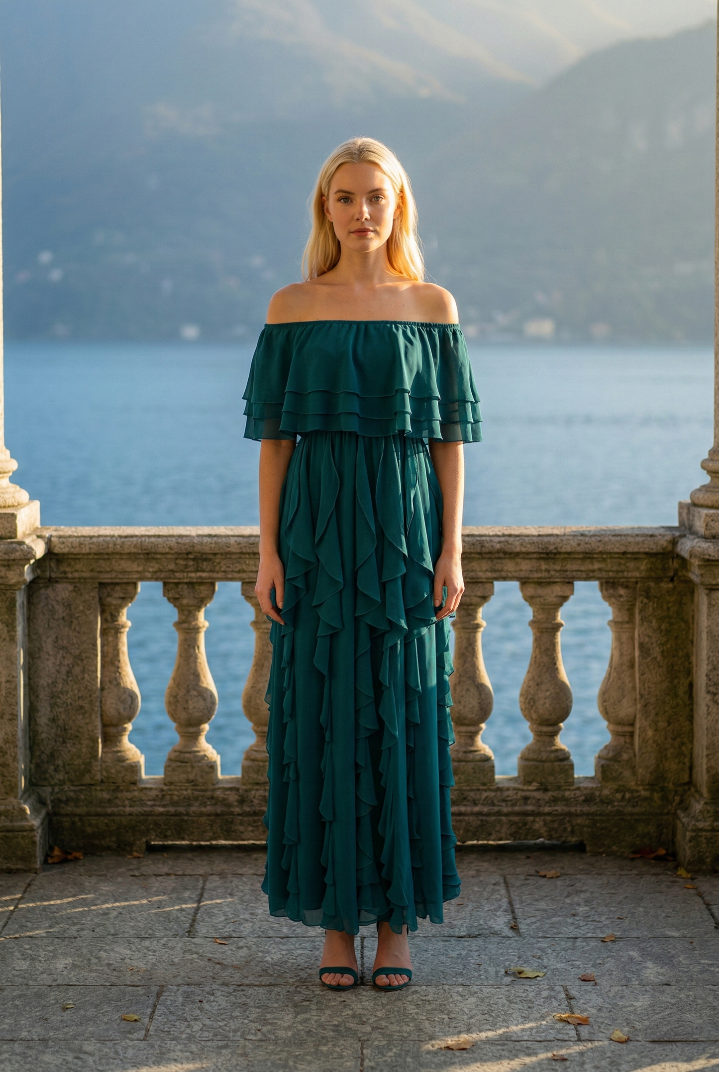 Limsa Club Seraphine Off-Shoulder Evening Gown in Olive Green — front view