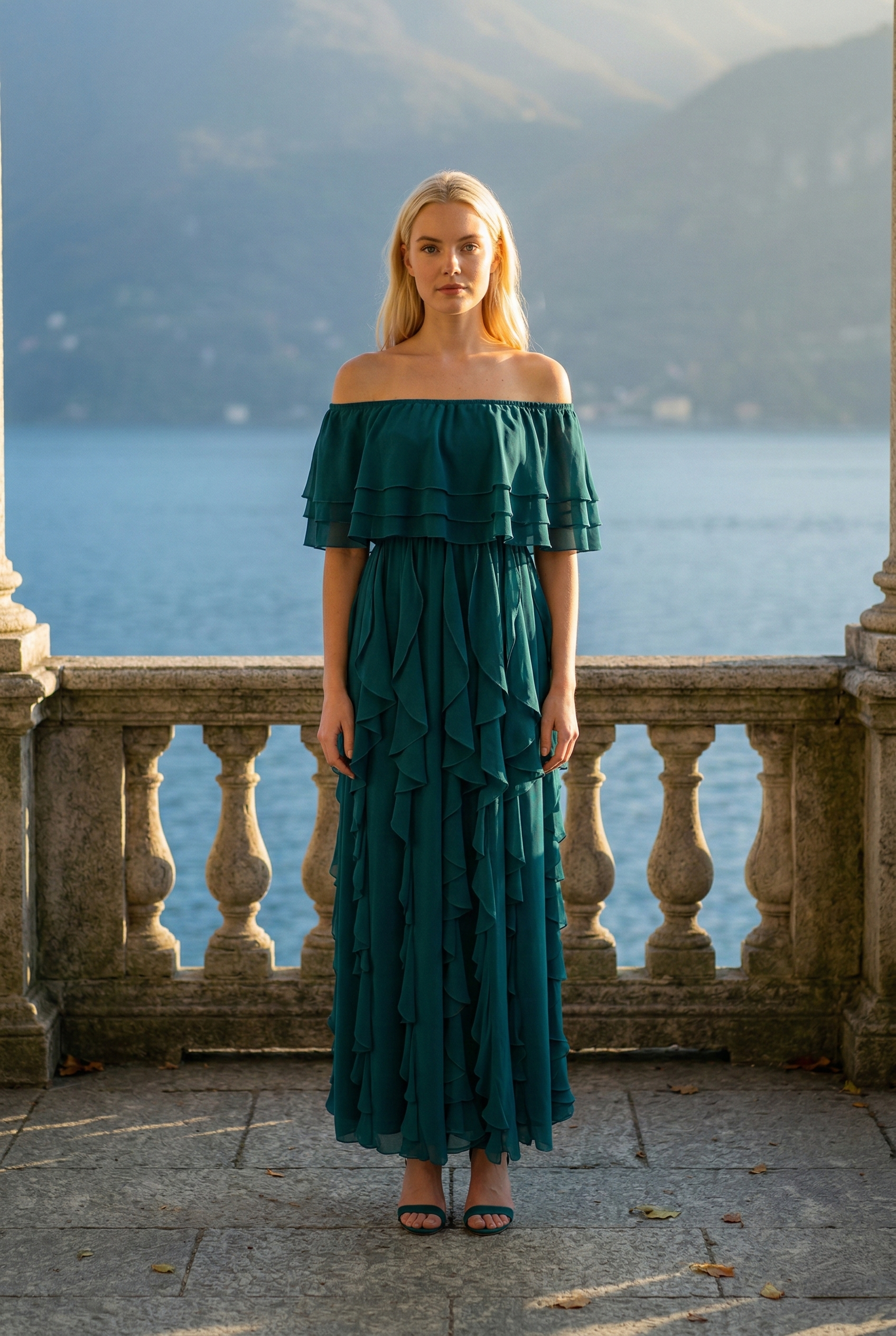 Limsa Club Seraphine Off-Shoulder Evening Gown in Olive Green — front view