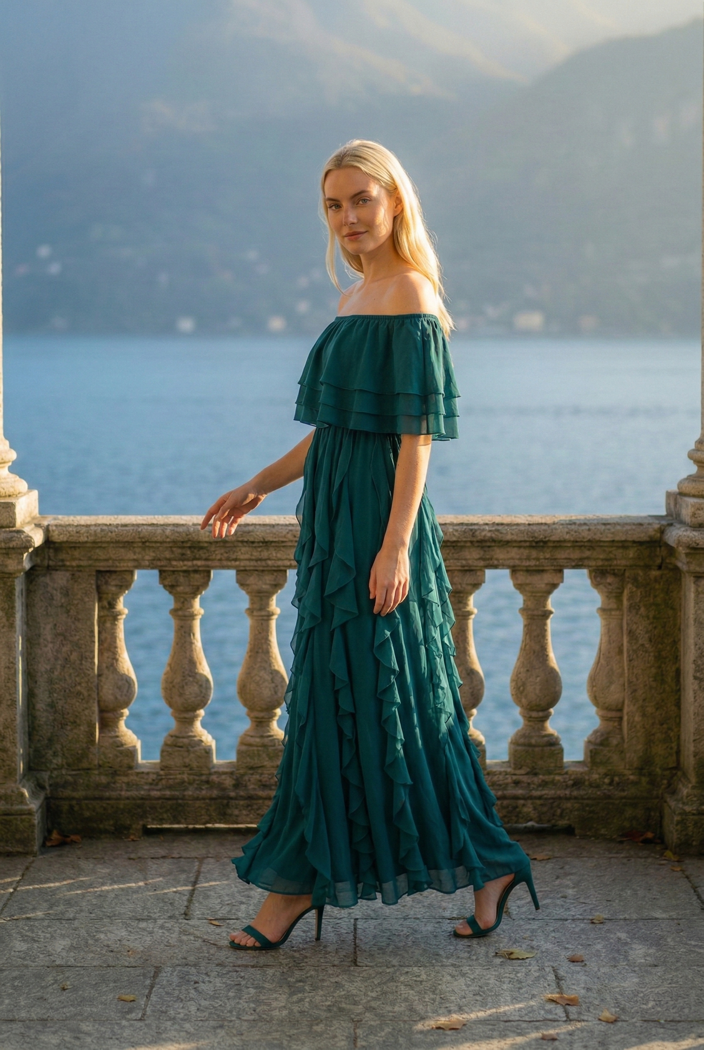 Limsa Club Seraphine Off-Shoulder Evening Gown in Olive Green — back view