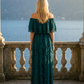 Limsa Club Seraphine Off-Shoulder Evening Gown in Olive Green — detail view