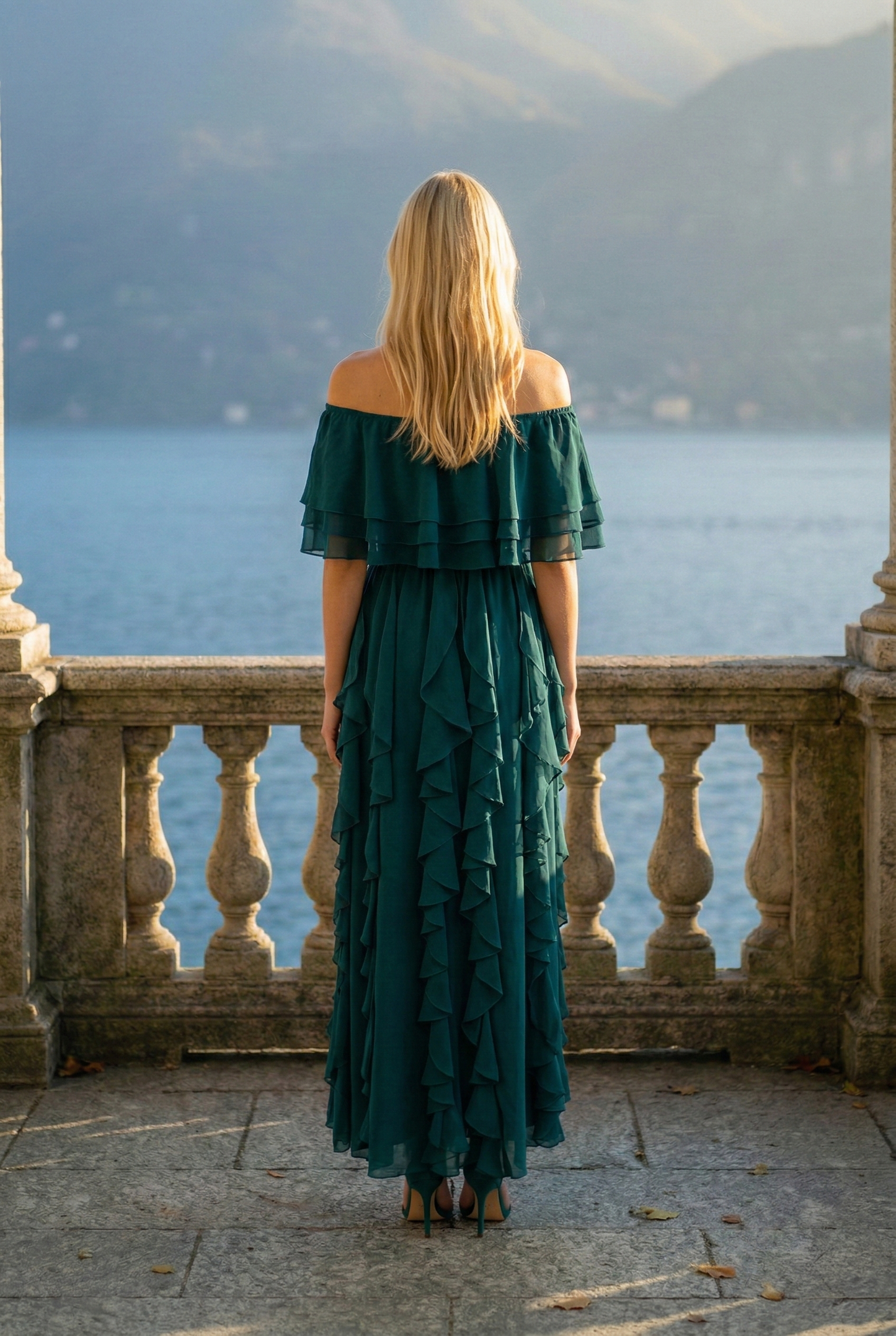Limsa Club Seraphine Off-Shoulder Evening Gown in Olive Green — detail view