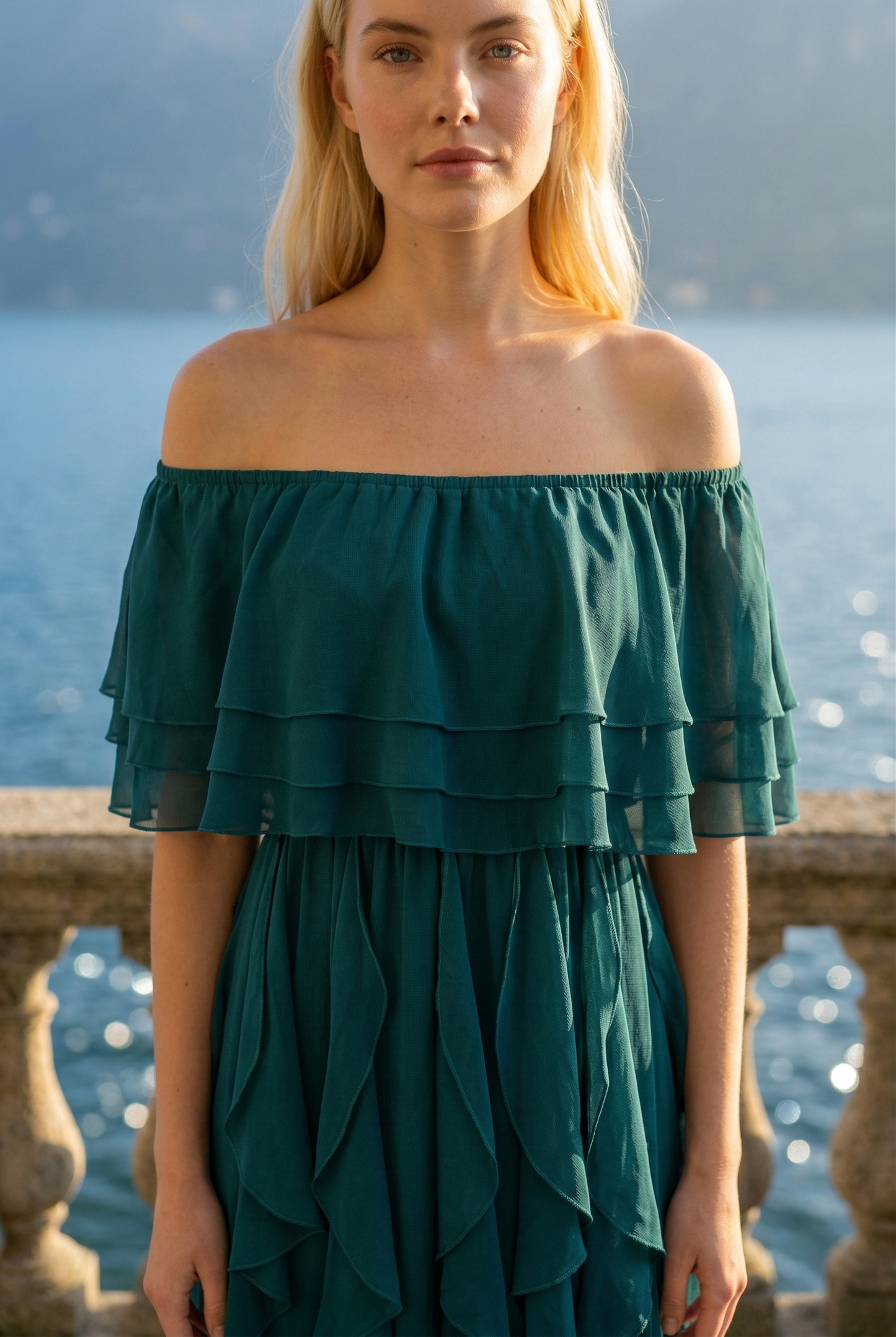 Limsa Club Seraphine Off-Shoulder Evening Gown in Olive Green — full-length view