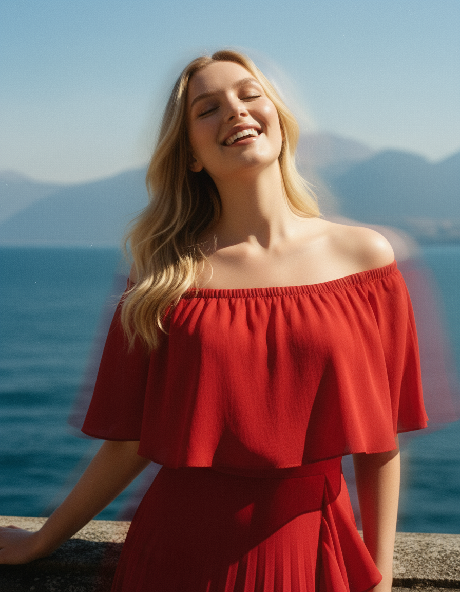 Side angle of red Daila A-line maxi dress highlighting graceful movement