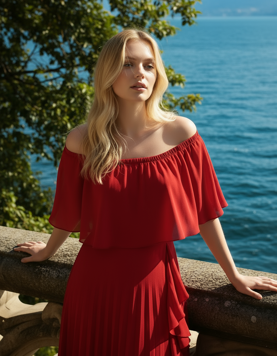 Red Daila dress front view showing lightweight chiffon and elegant flow