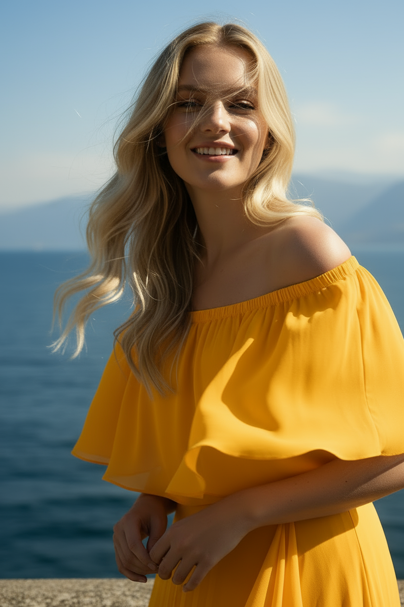 Yellow Daila chiffon maxi dress back view showing off-shoulder design