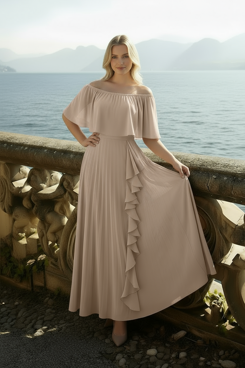 Back view of mink vizon Daila dress showing off-shoulder design and graceful flow