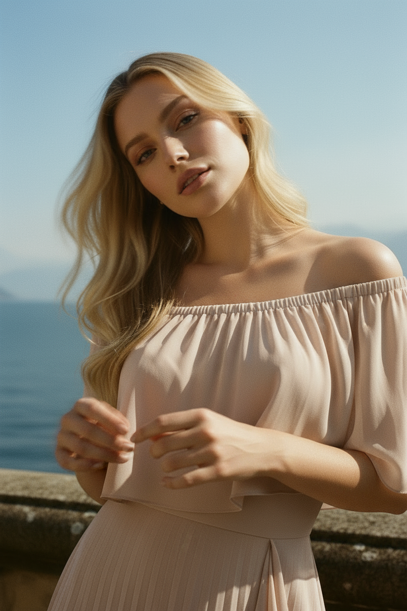 Mink vizon Daila maxi dress with off-shoulder neckline and A-line chiffon silhouette