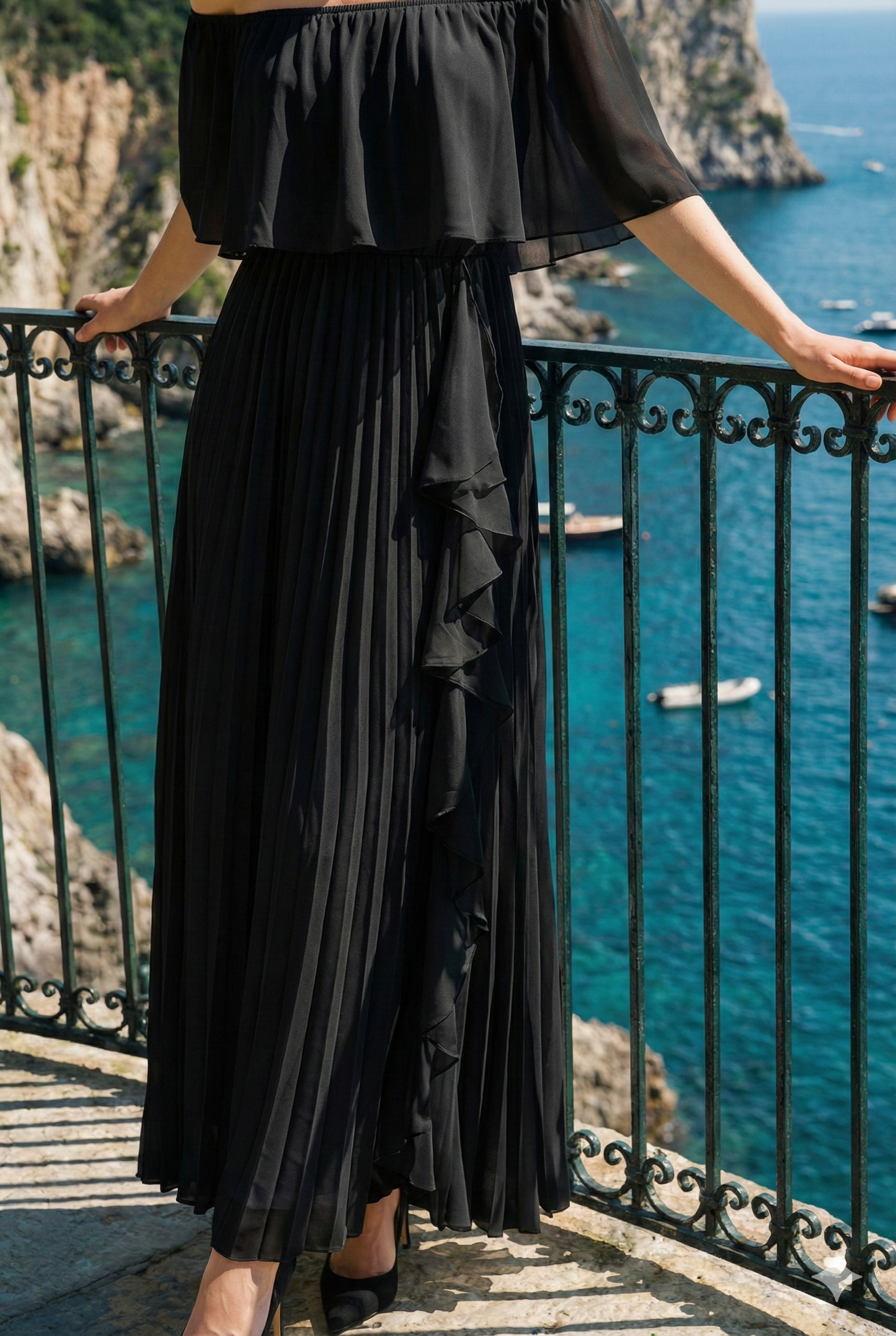 Limsa Club Daila A-Line Maxi Chiffon Dress in Black — full-length view
