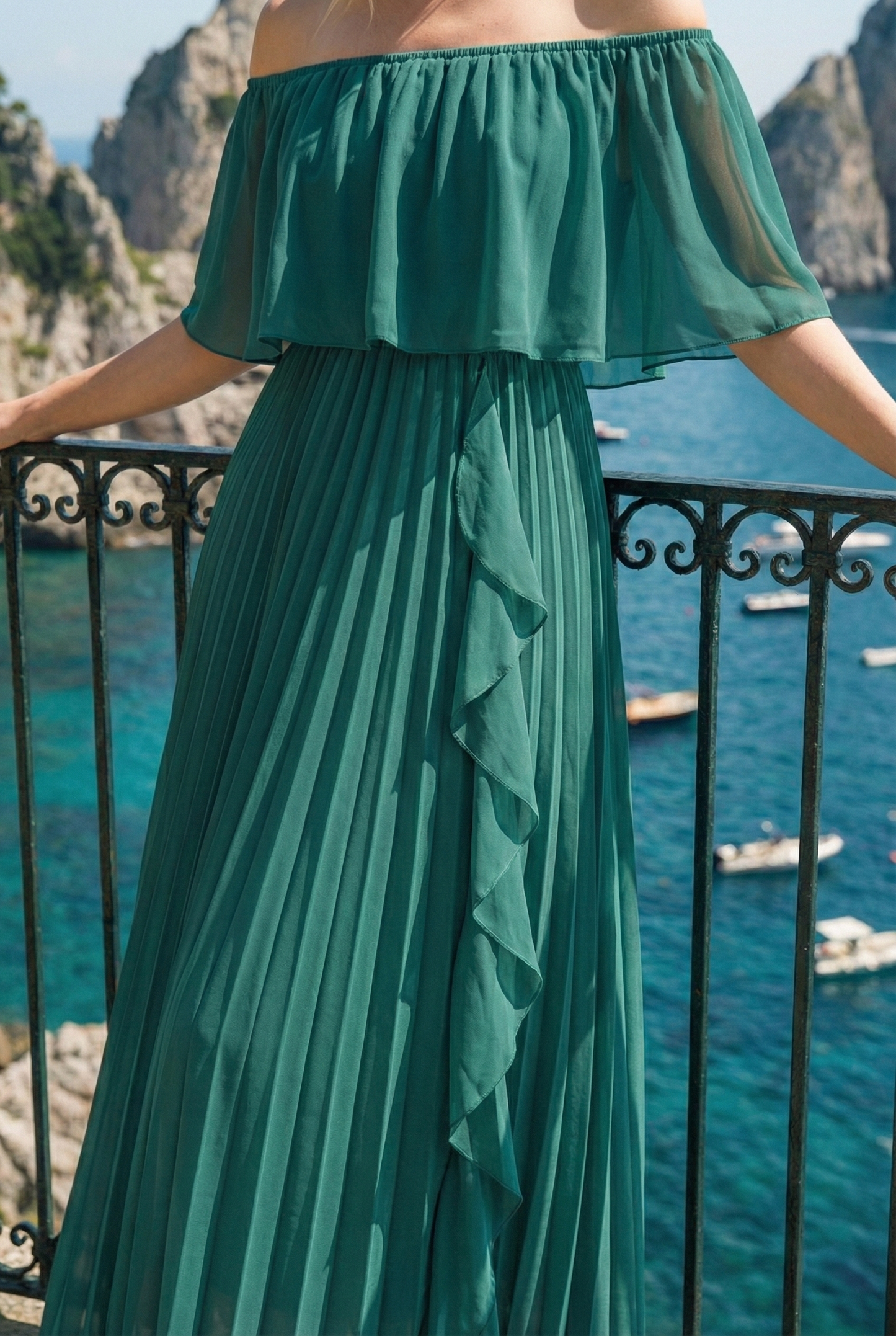 Limsa Club Daila A-Line Maxi Chiffon Dress in Green — full-length view