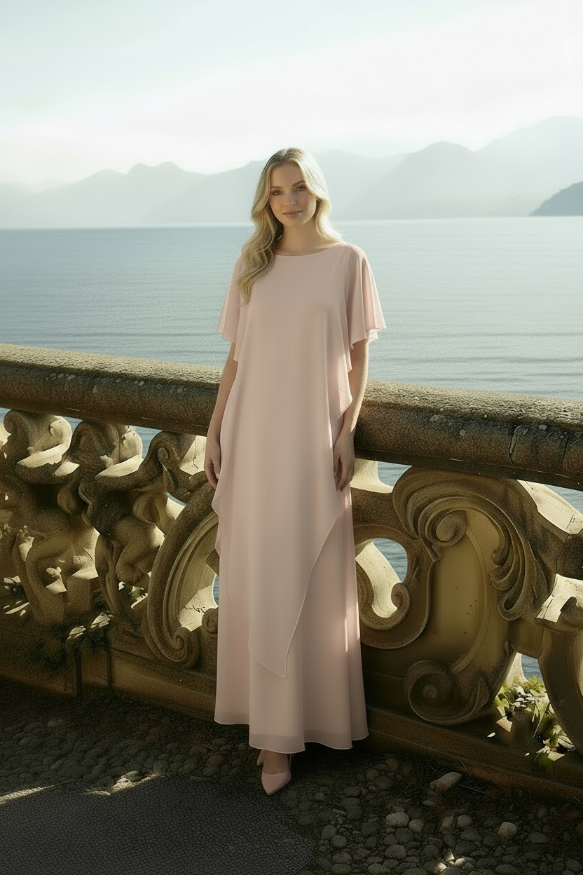 Side angle of powder pink Celeste kaftan dress showing flowing chiffon layers