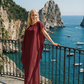 Limsa Club Celeste Kaftan Maxi Chiffon Dress in Burgundy — front view