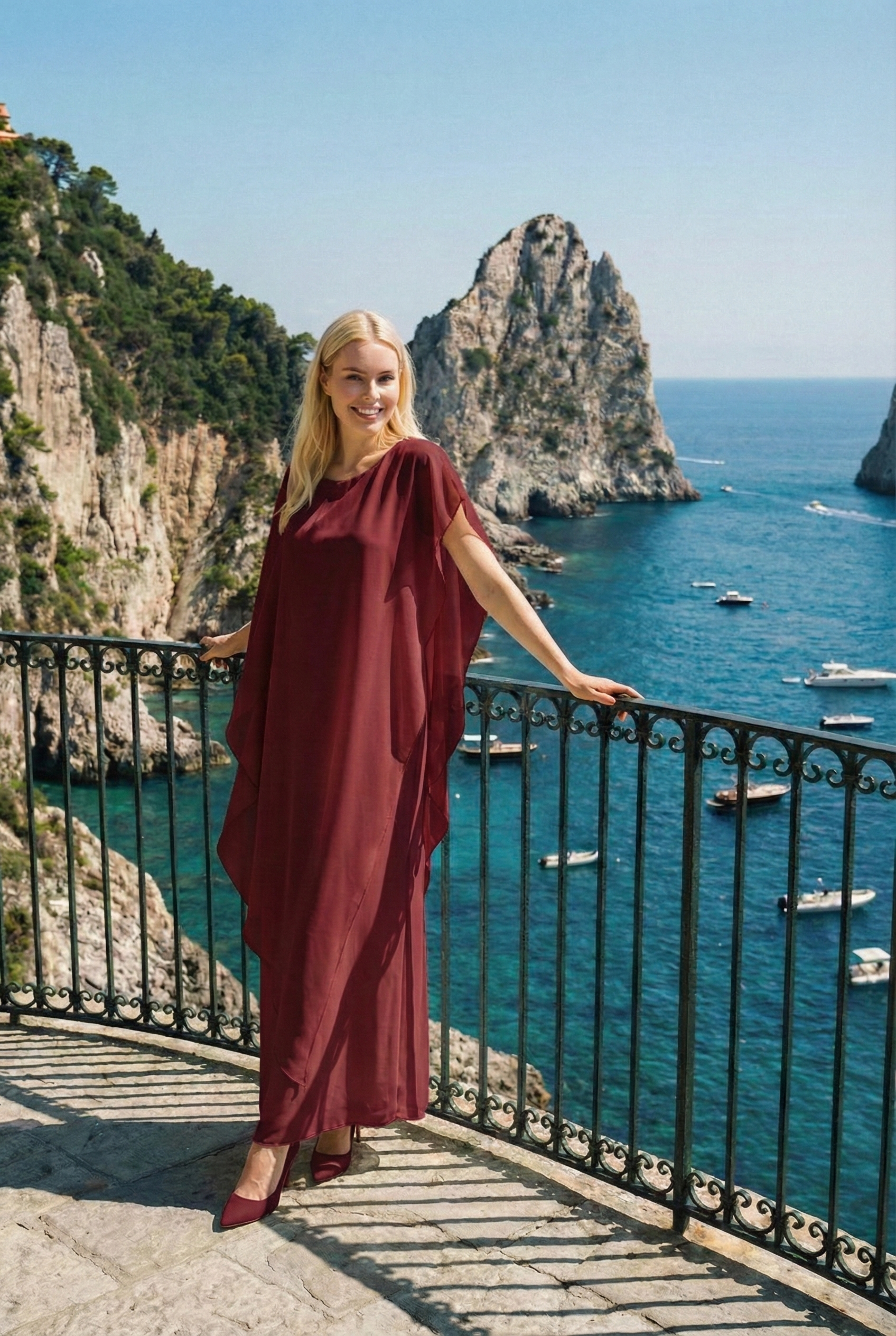 Limsa Club Celeste Kaftan Maxi Chiffon Dress in Burgundy — front view