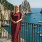 Limsa Club Celeste Kaftan Maxi Chiffon Dress in Burgundy — back view