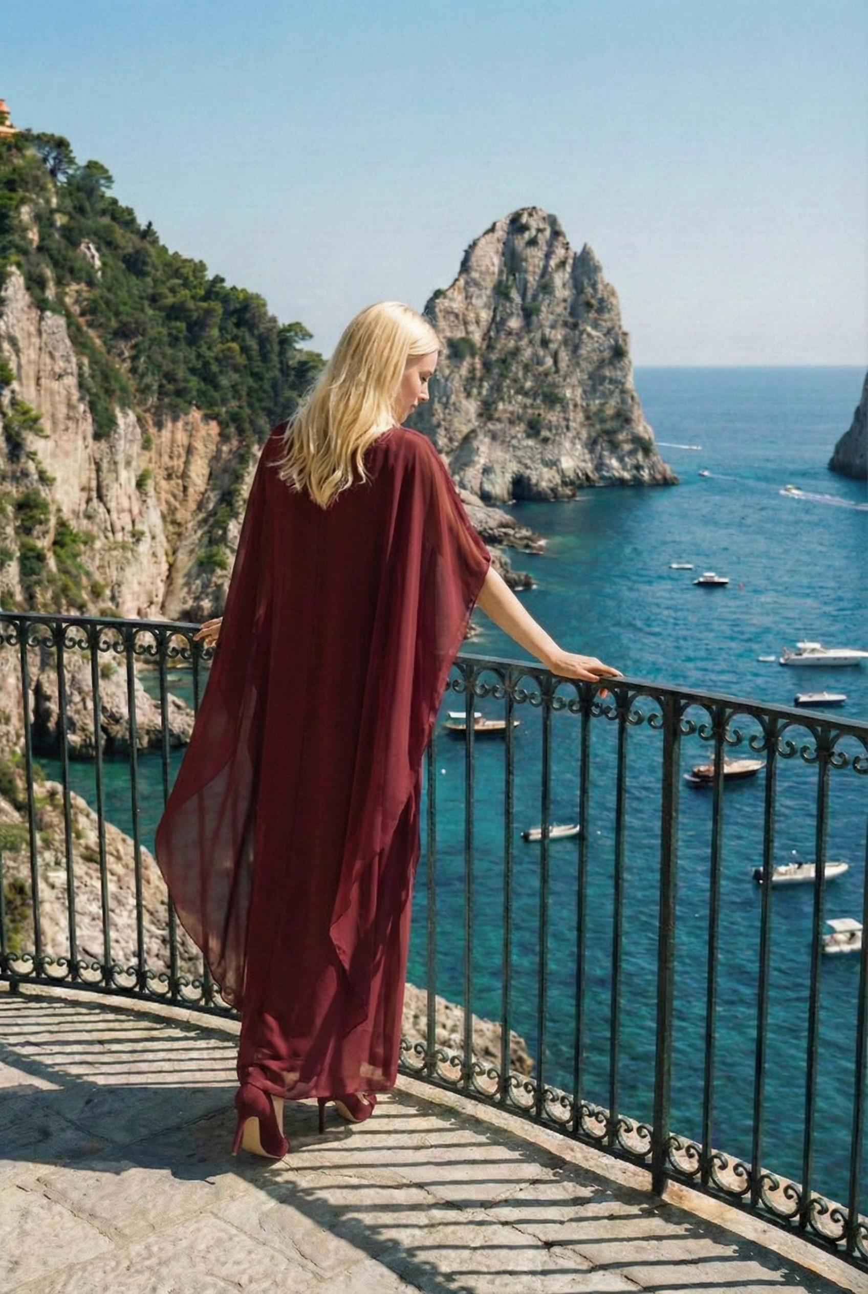 Limsa Club Celeste Kaftan Maxi Chiffon Dress in Burgundy — detail view
