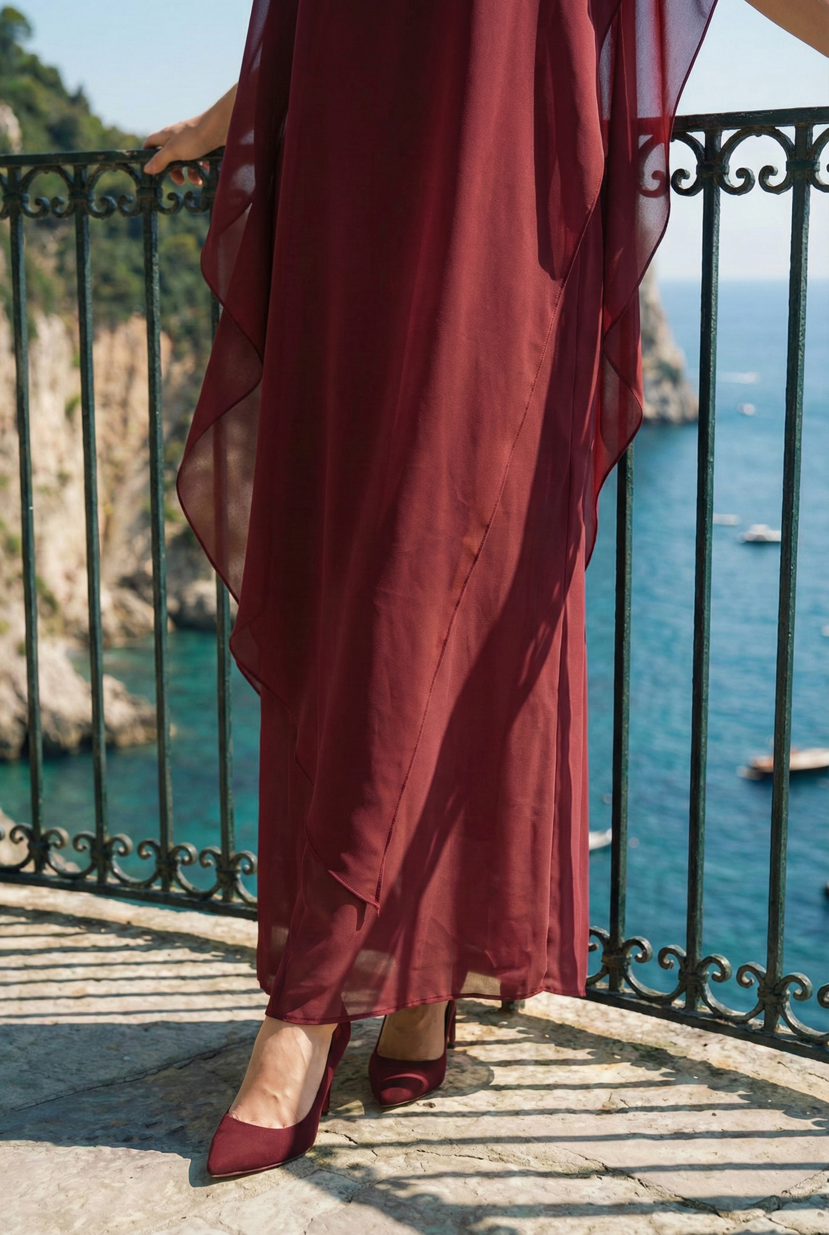 Limsa Club Celeste Kaftan Maxi Chiffon Dress in Burgundy — full-length view