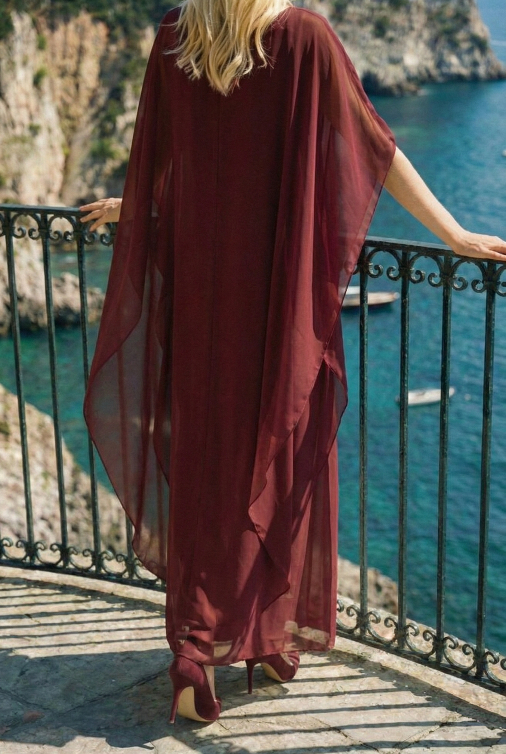 Limsa Club Celeste Kaftan Maxi Chiffon Dress in Burgundy — close-up detail