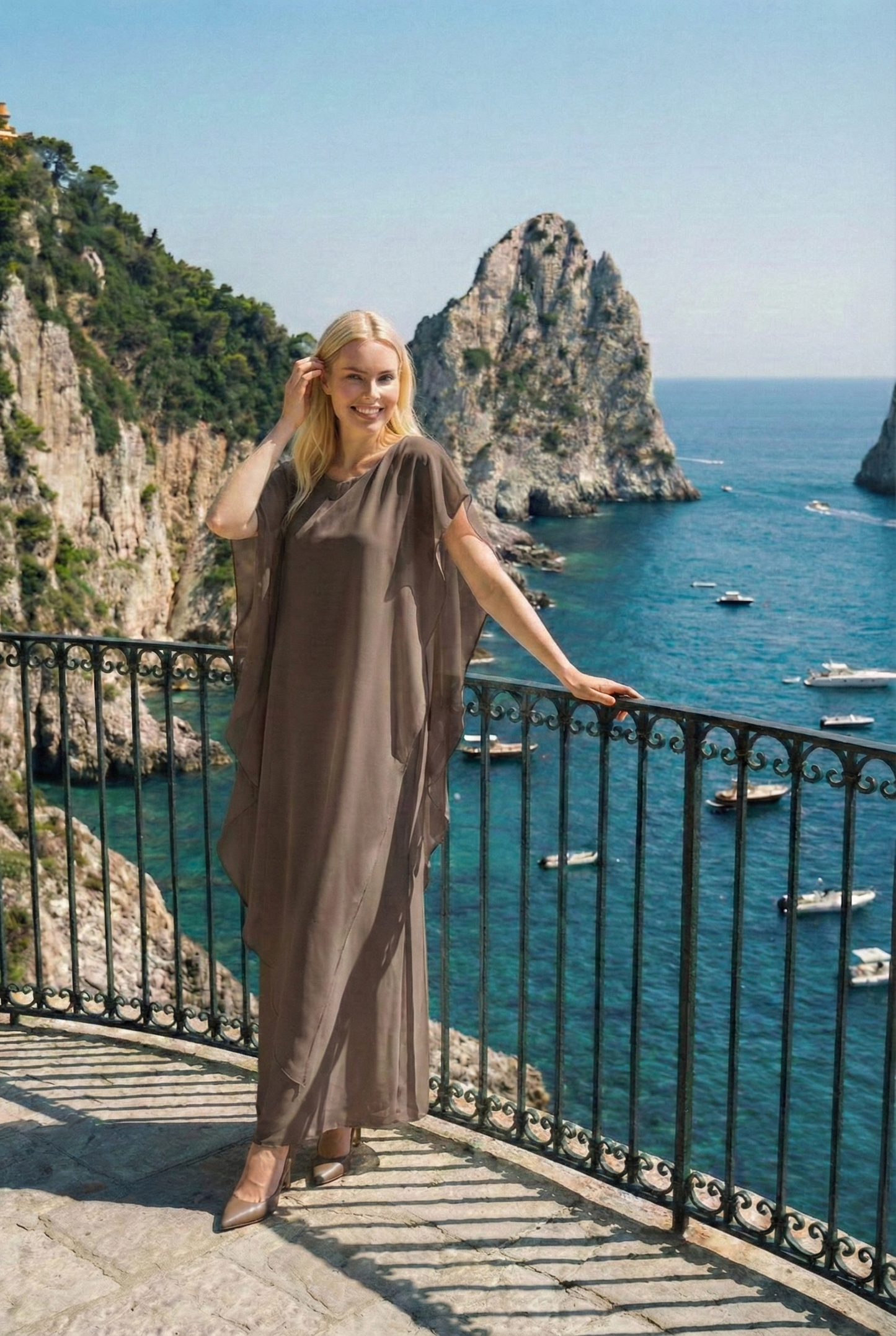 Limsa Club Celeste Kaftan Maxi Chiffon Dress in Brown — back view