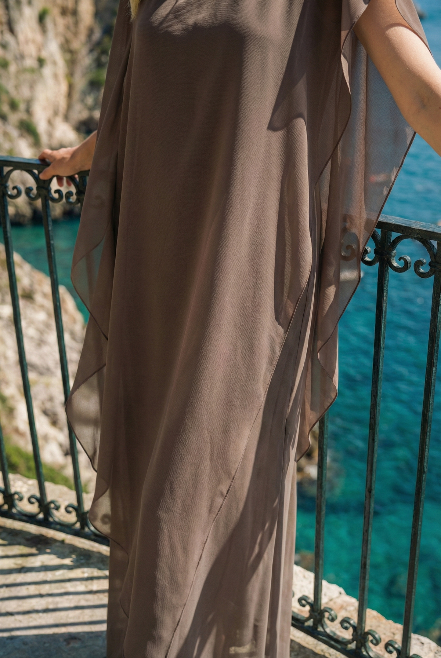 Limsa Club Celeste Kaftan Maxi Chiffon Dress in Brown — full-length view