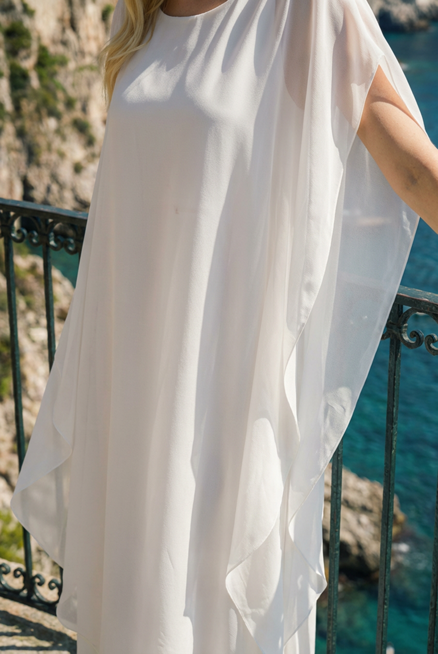 Limsa Club Celeste Kaftan Maxi Chiffon Dress in Bone — bodice detail