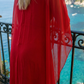 Limsa Club Celeste Kaftan Maxi Chiffon Dress in Red — close-up detail