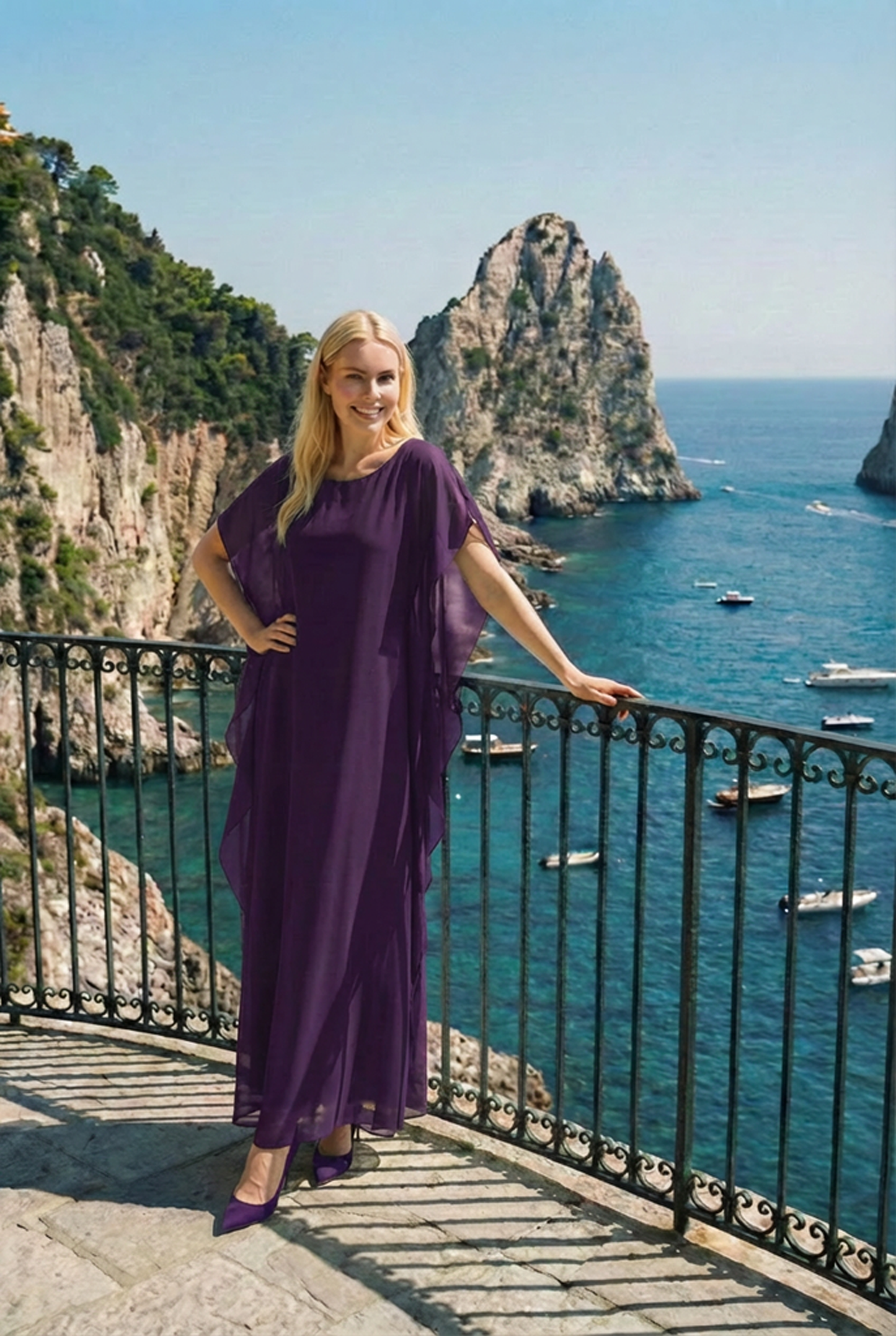 Limsa Club Celeste Kaftan Maxi Chiffon Dress in Purple — back view