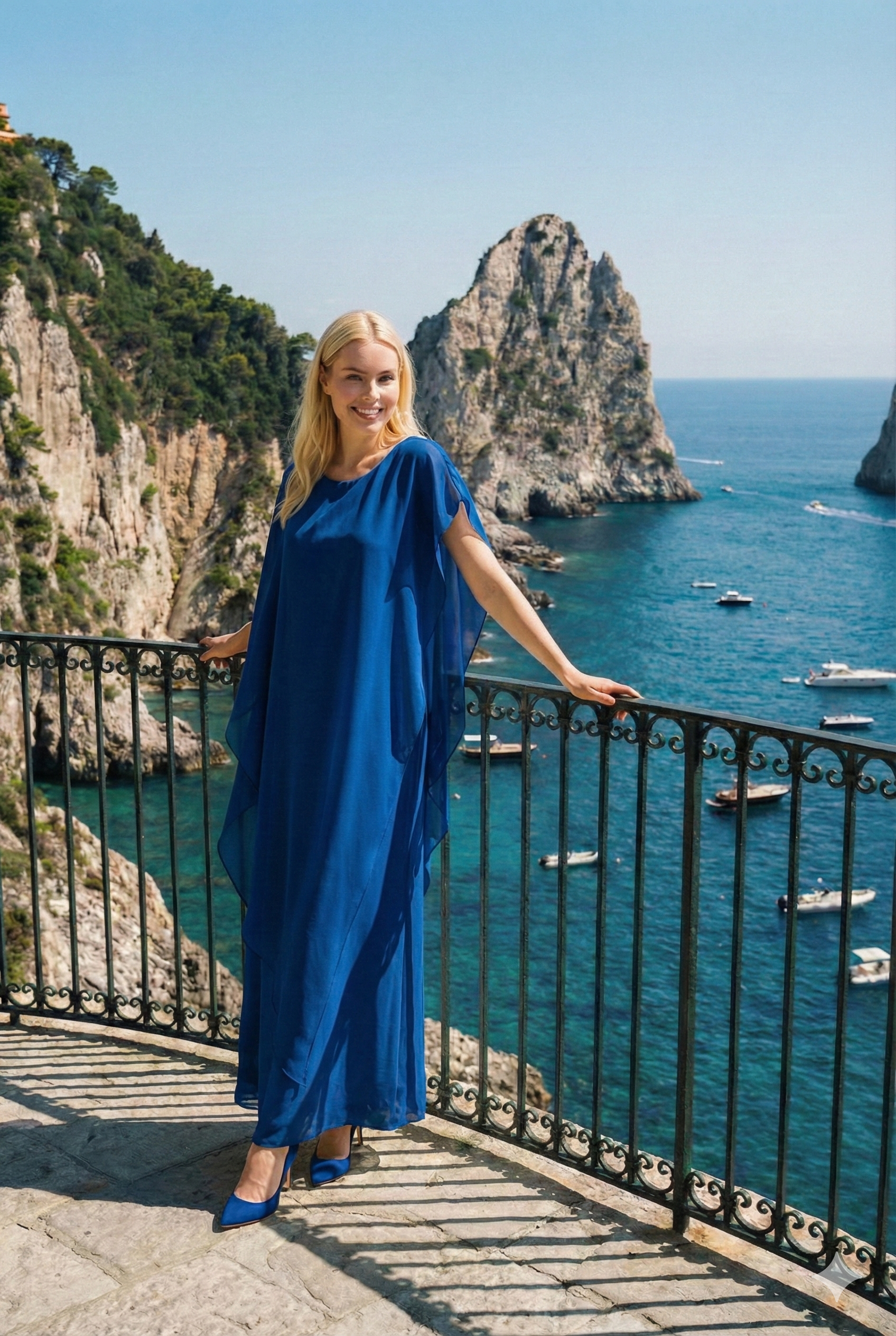 Limsa Club Celeste Kaftan Maxi Chiffon Dress in Sax Blue — front view