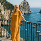 Limsa Club Celeste Kaftan Maxi Chiffon Dress in Yellow — full-length front view