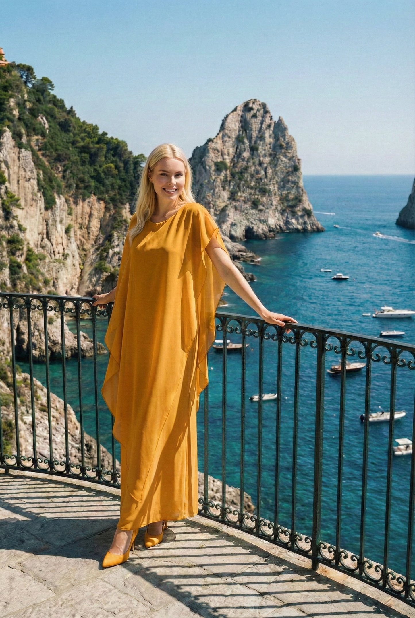Limsa Club Celeste Kaftan Maxi Chiffon Dress in Yellow — full-length front view