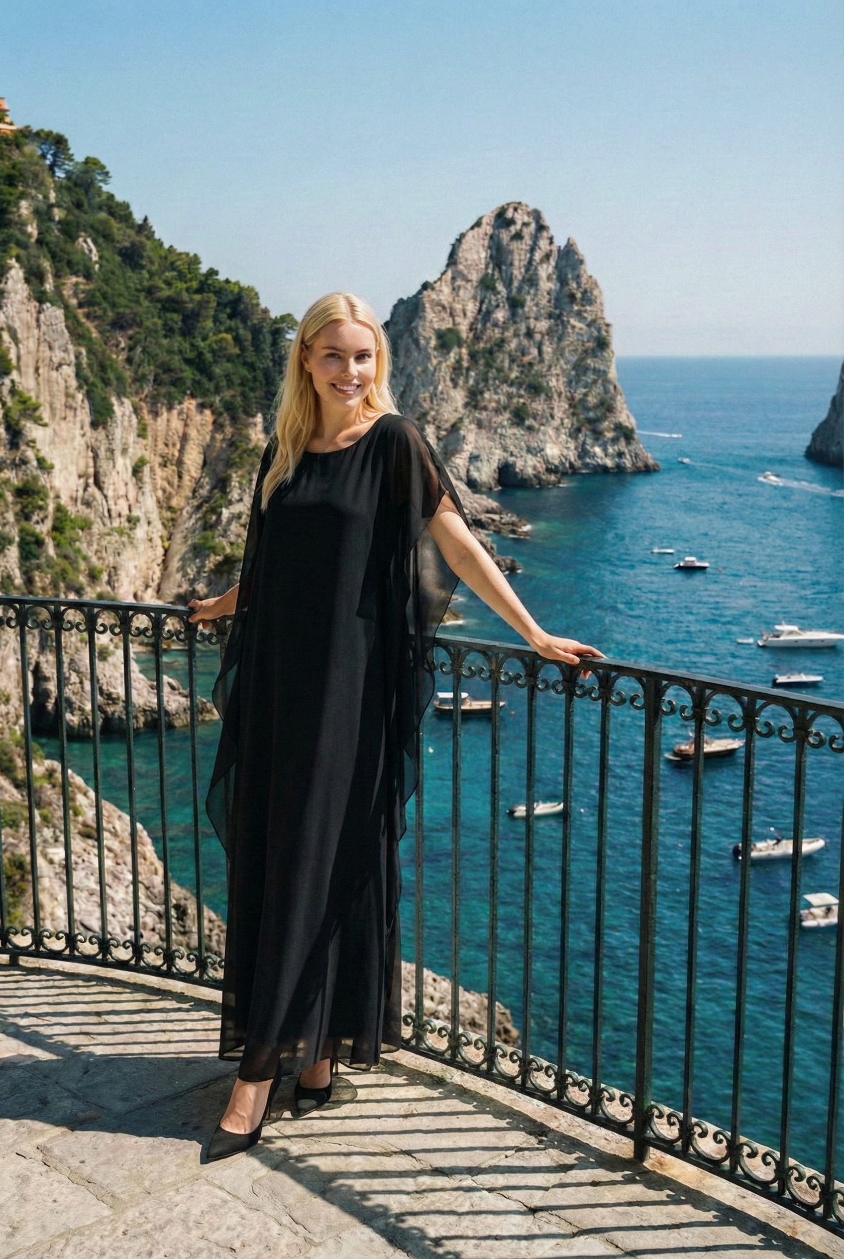 Limsa Club Celeste Kaftan Maxi Chiffon Dress in Black — front view
