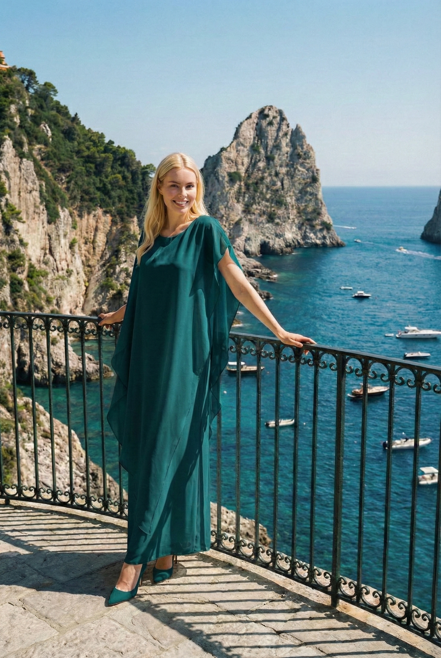 Limsa Club Celeste Kaftan Maxi Chiffon Dress in Green — front view