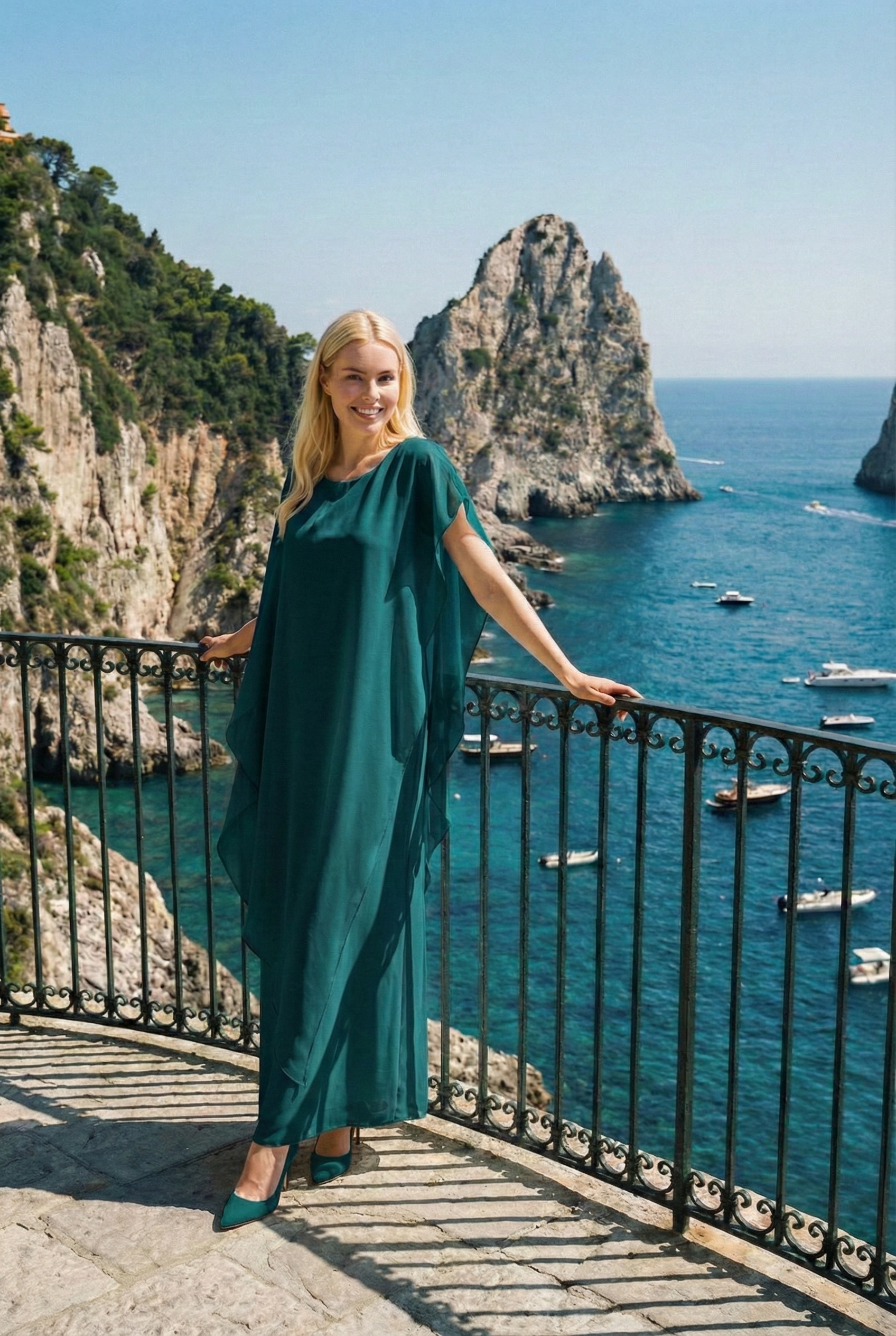 Limsa Club Celeste Kaftan Maxi Chiffon Dress in Green — front view