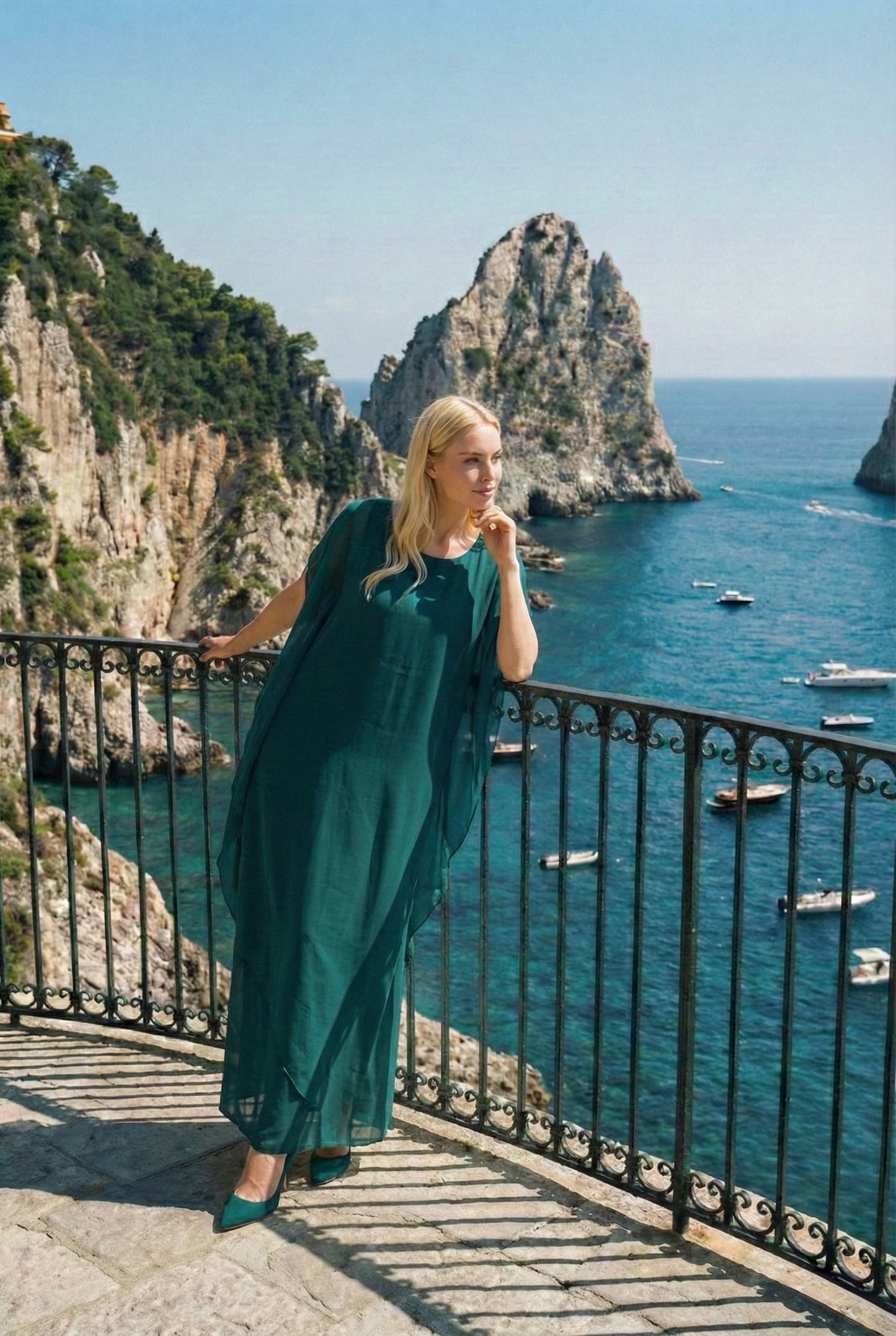 Limsa Club Celeste Kaftan Maxi Chiffon Dress in Green — side view