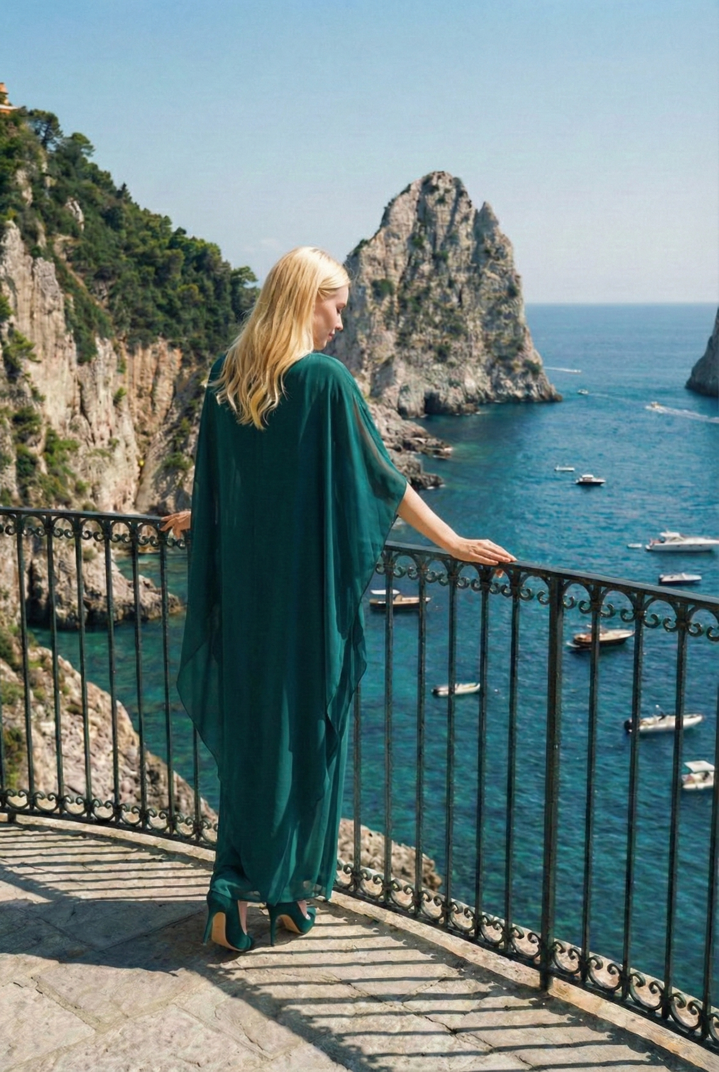 Limsa Club Celeste Kaftan Maxi Chiffon Dress in Green — detail view
