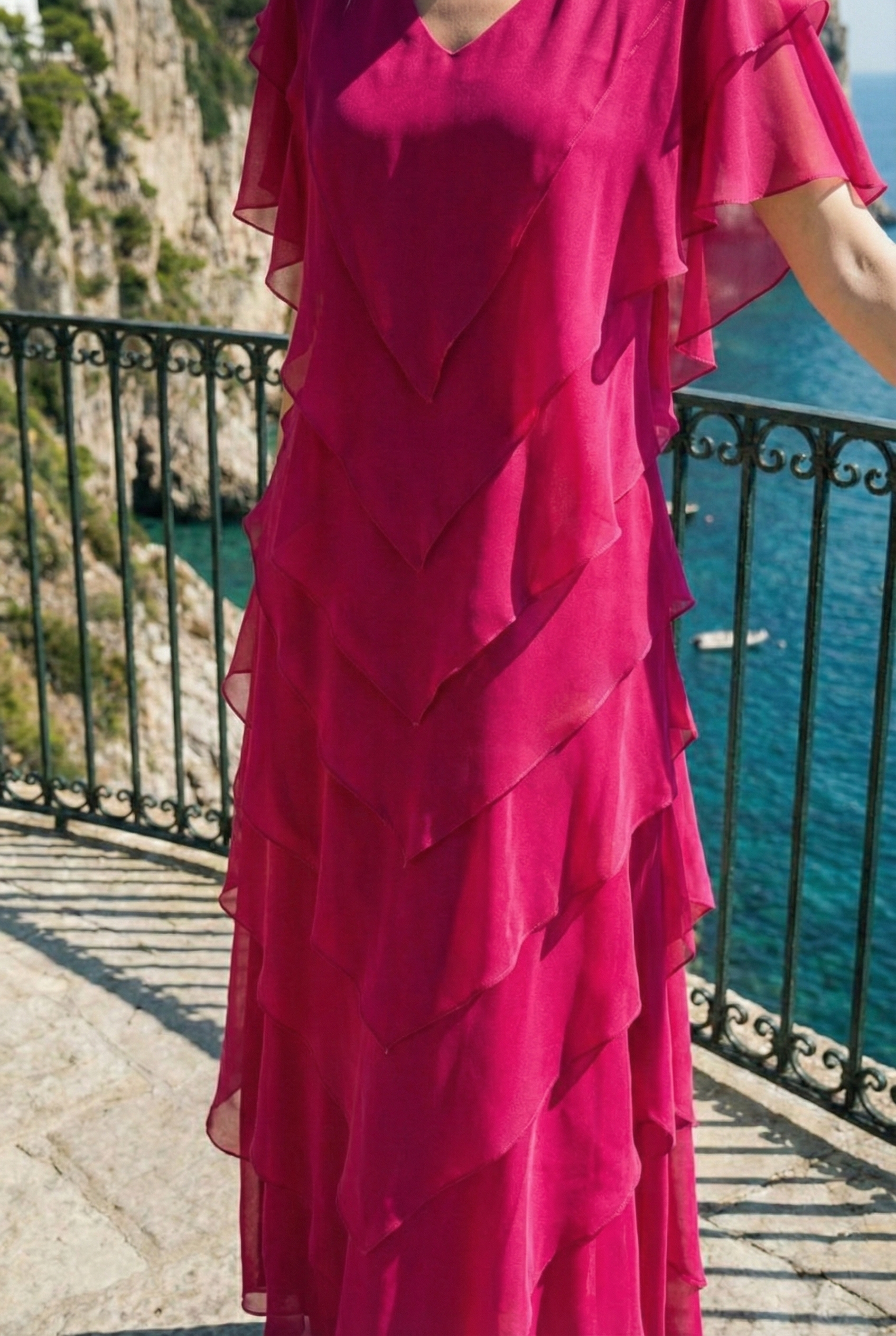 Limsa Club Samara Cape Evening Gown in Fuchsia — full-length view