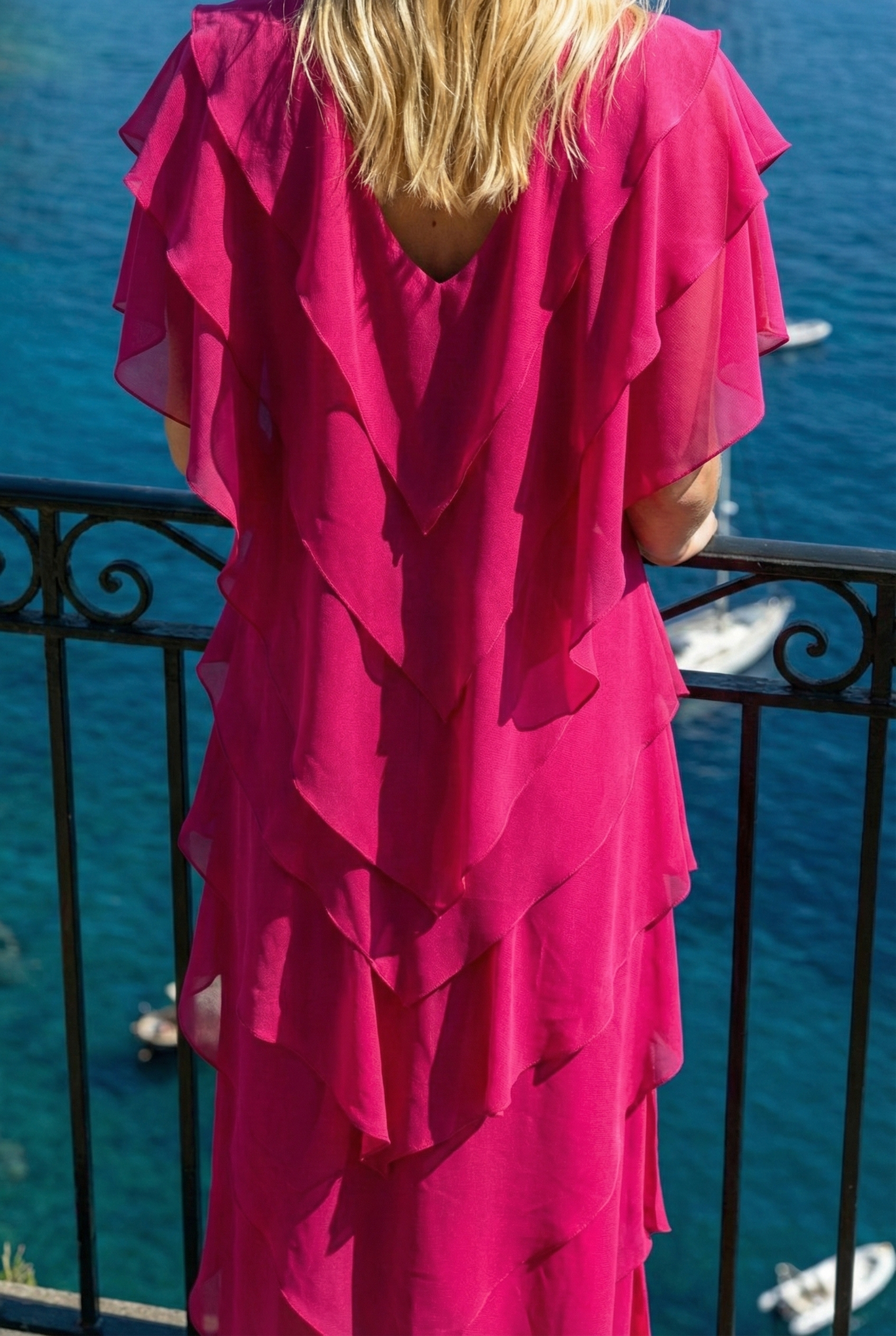 Limsa Club Samara Cape Evening Gown in Fuchsia — close-up detail